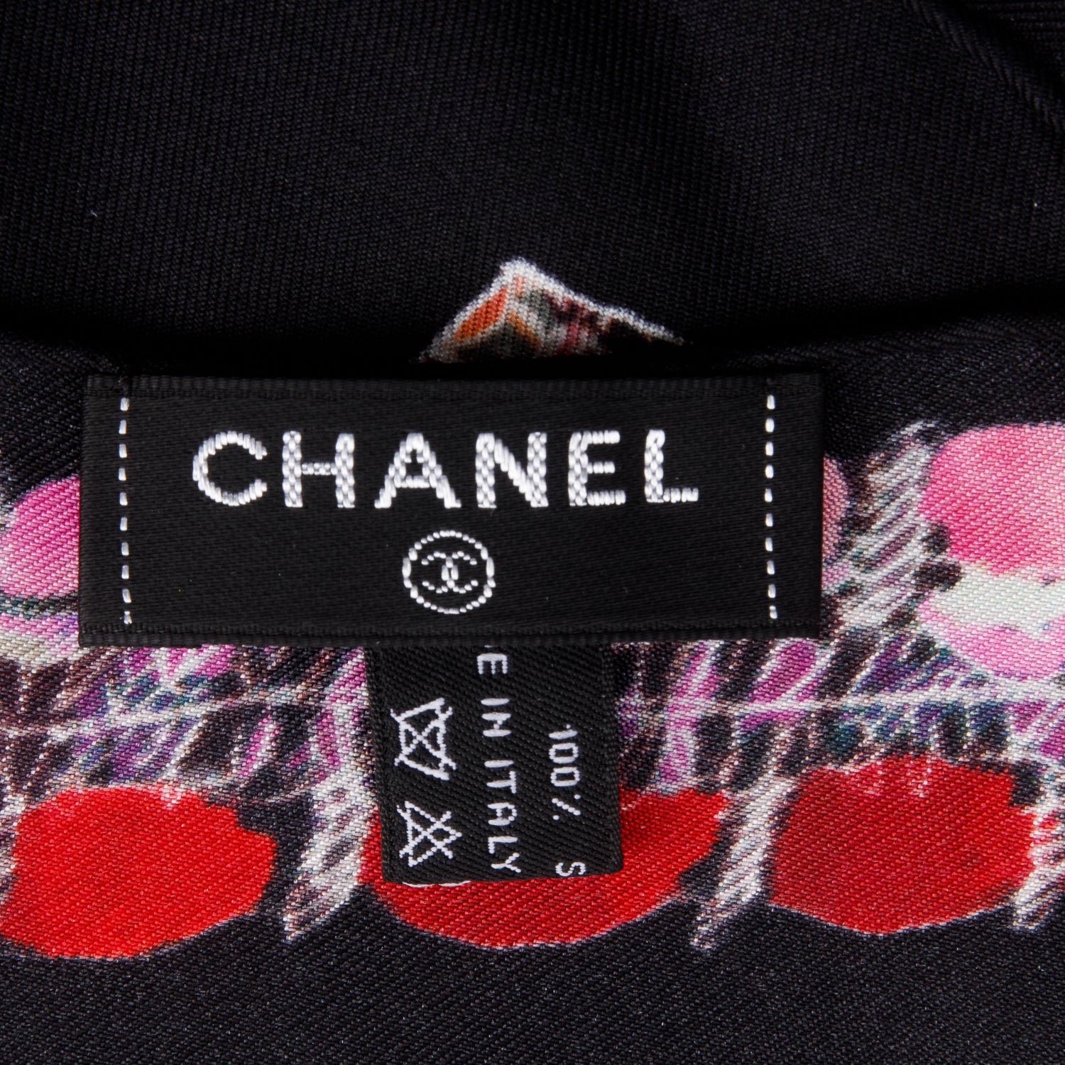Chanel Black Silk CC Logo Tweed Camellia Print Scarf 90