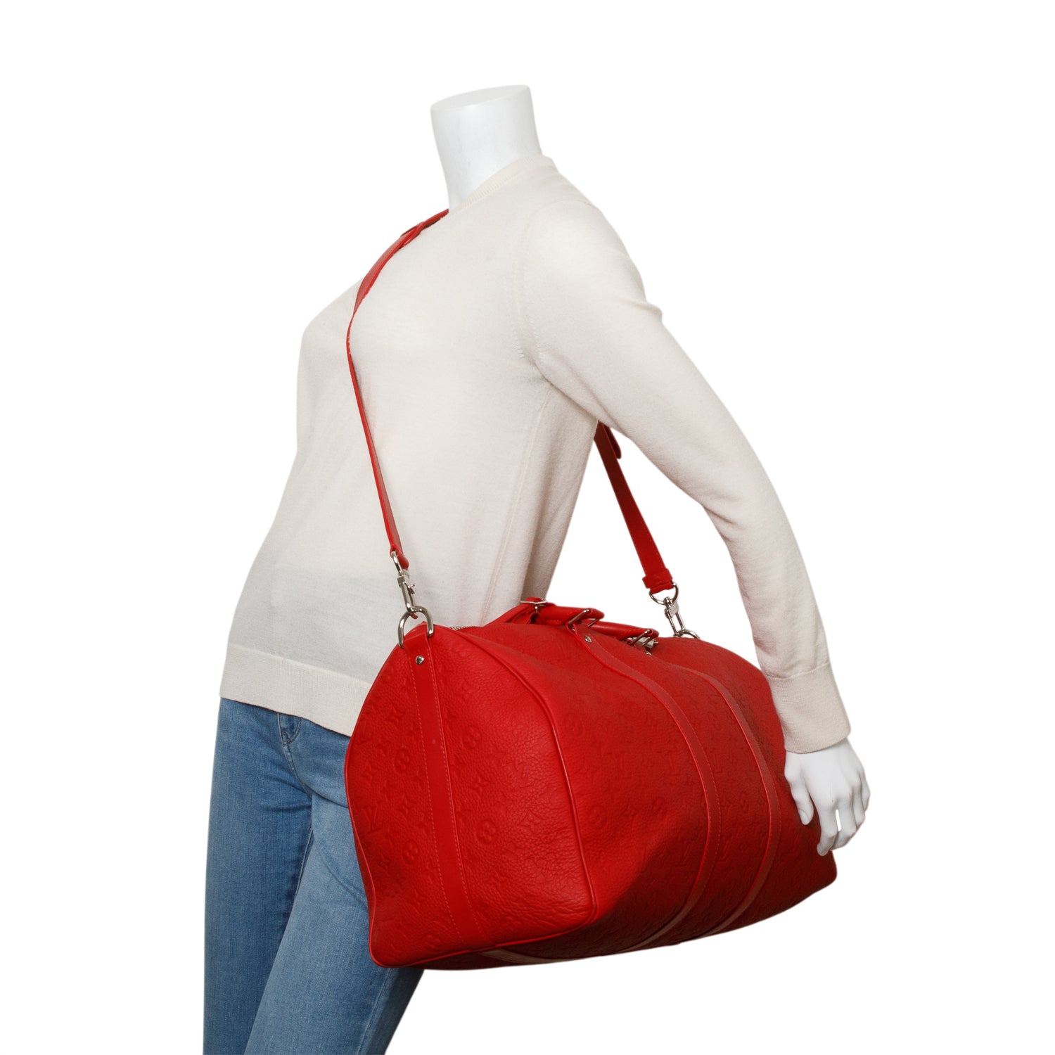 Louis Vuitton Red Monogram Taurillon Embossed Leather Keepall Bandouliere 50