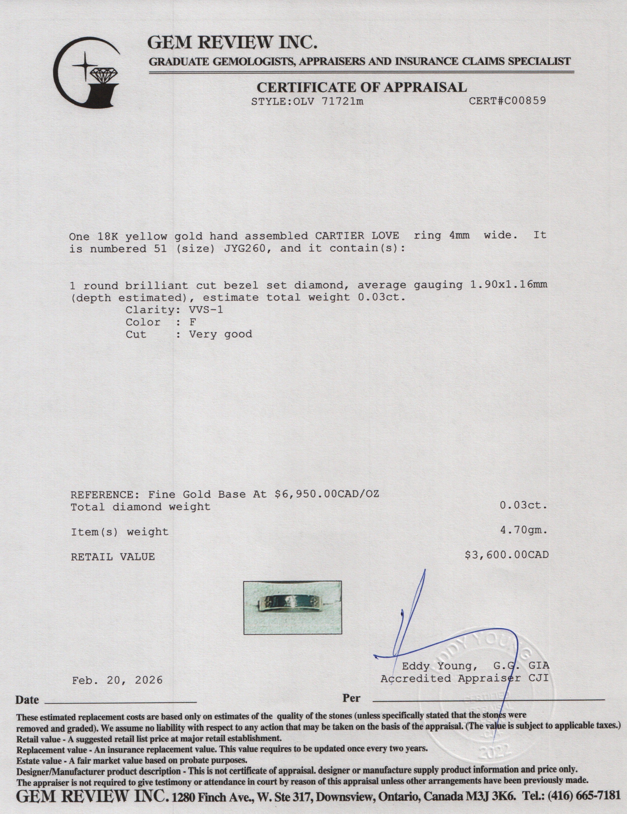 Cartier 2020 18k Yellow Gold 1 Diamond 4 MM Love Wedding Band Ring, Size 51 5.75 w/ Certificate