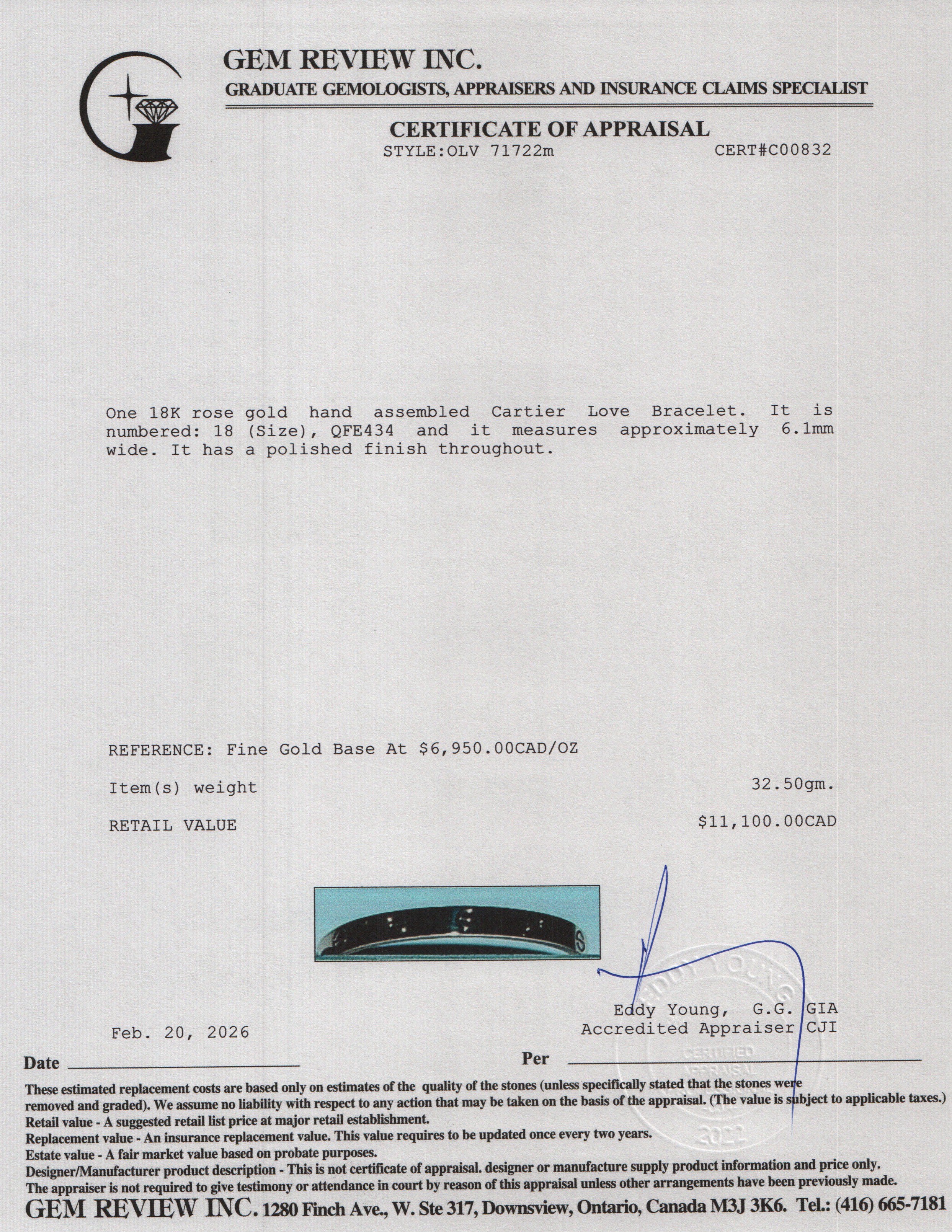 Cartier 2022 18k Rose Gold Love Bracelet, Classic Model, Size 18 w/ Box & Certificate