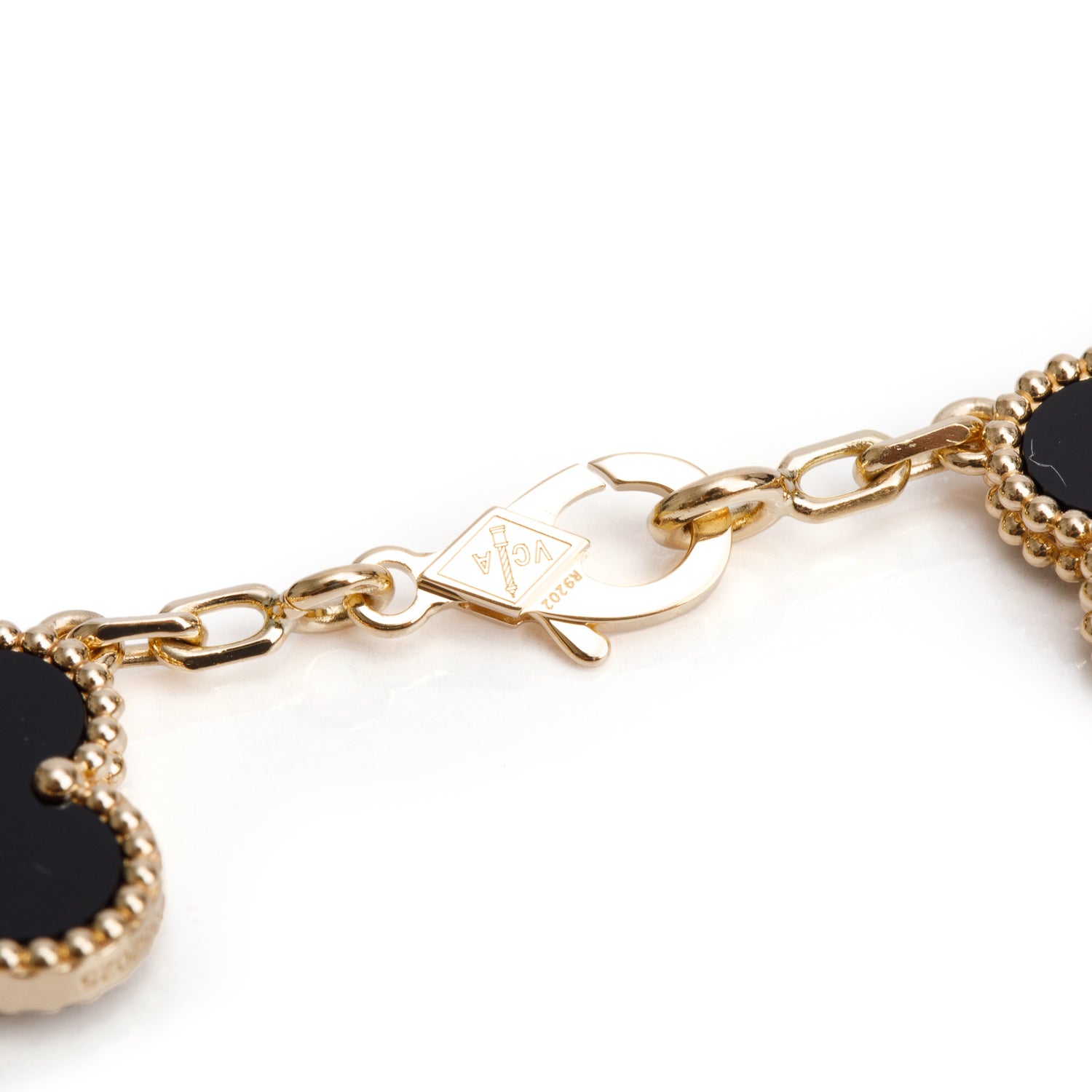 Van Cleef & Arpels 2025 18k Yellow Gold Vintage Alhambra 5 Motif Onyx Bracelet w/ Pouch, Receipt & Certificate