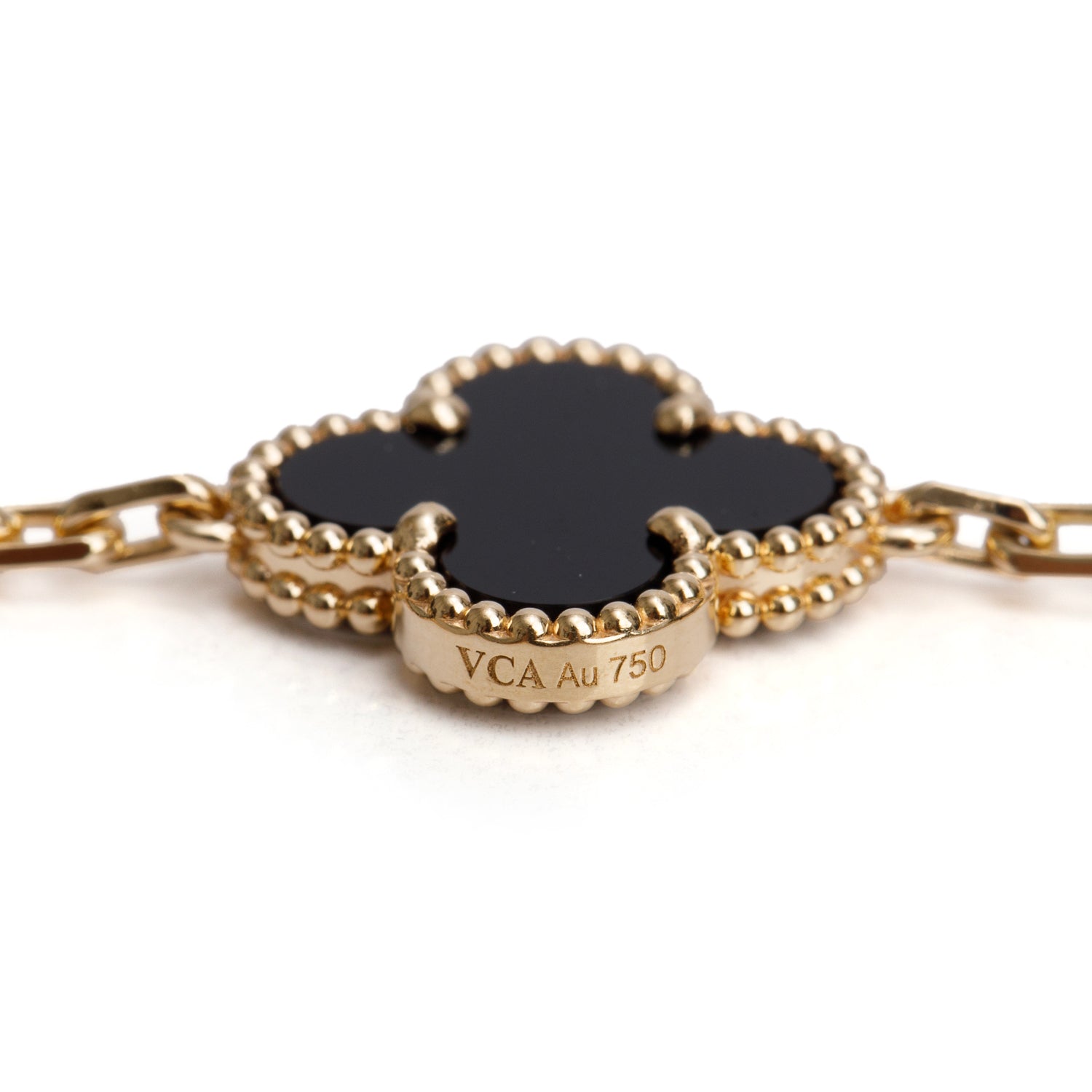 Van Cleef & Arpels 2025 18k Yellow Gold Vintage Alhambra 5 Motif Onyx Bracelet w/ Pouch, Receipt & Certificate