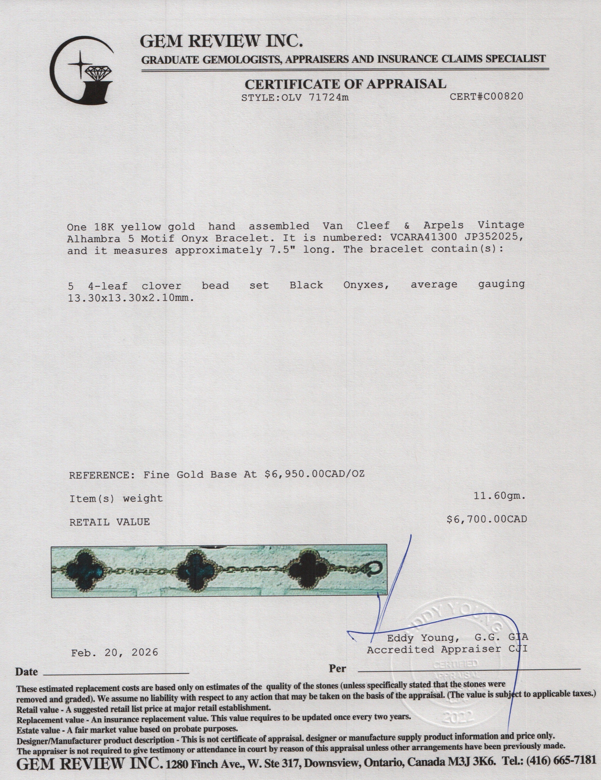 Van Cleef & Arpels 2025 18k Yellow Gold Vintage Alhambra 5 Motif Onyx Bracelet w/ Pouch, Receipt & Certificate