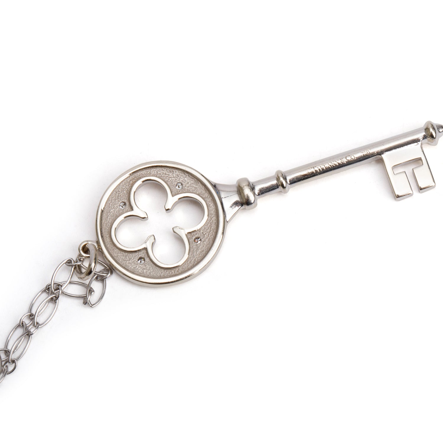 Tiffany & Co. 18k White Gold Diamond Clover Key Pendant Necklace w/ Box