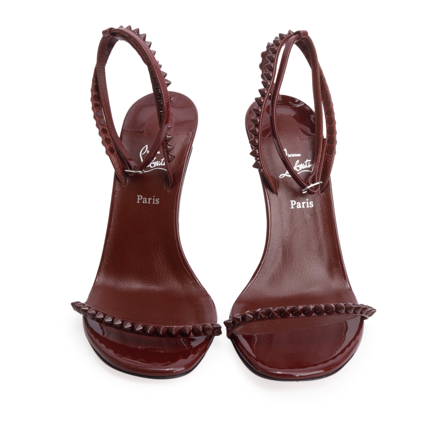 Christian Louboutin Burgundy Patent Leather So Me Spikes 100mm Strappy Sandals, Women's Size 37.5