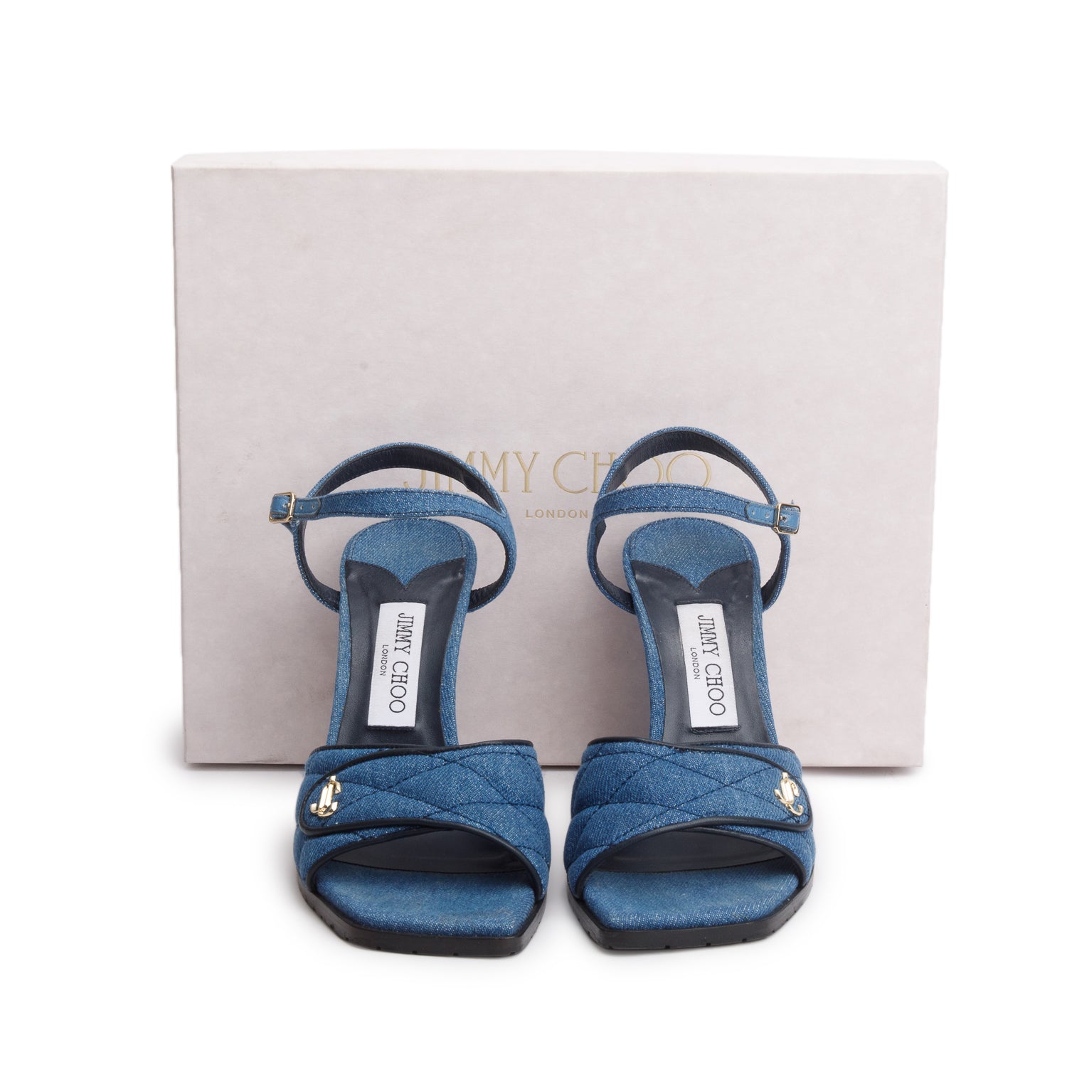 Jimmy Choo Blue Quilted Denim Farone 100 Sandals, Women's Size 38.5 w/ Box