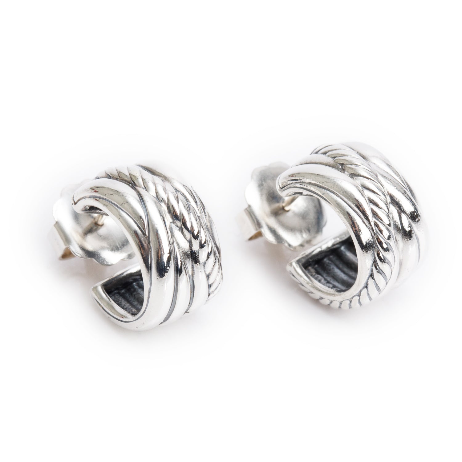David Yurman Sterling Silver Cable Crossover Hoop Huggie Earrings