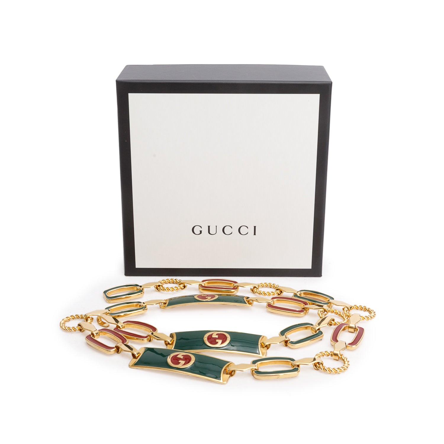 Gucci Gold-Tone GG Monogram Enamel Chain Link Belt w/ Box