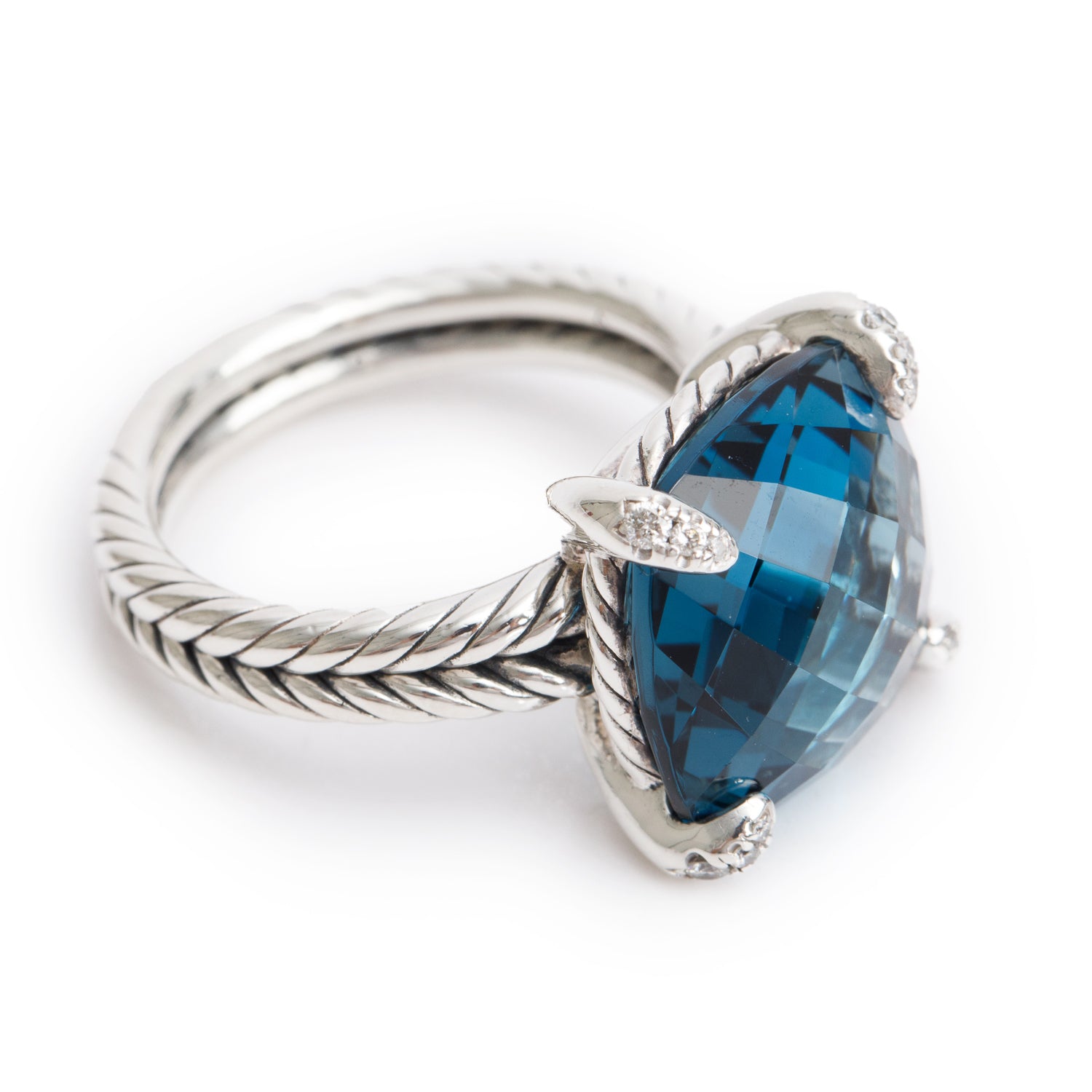 David Yurman Sterling Silver 14 MM Topaz & Diamond Chatelaine Ring, Size 7