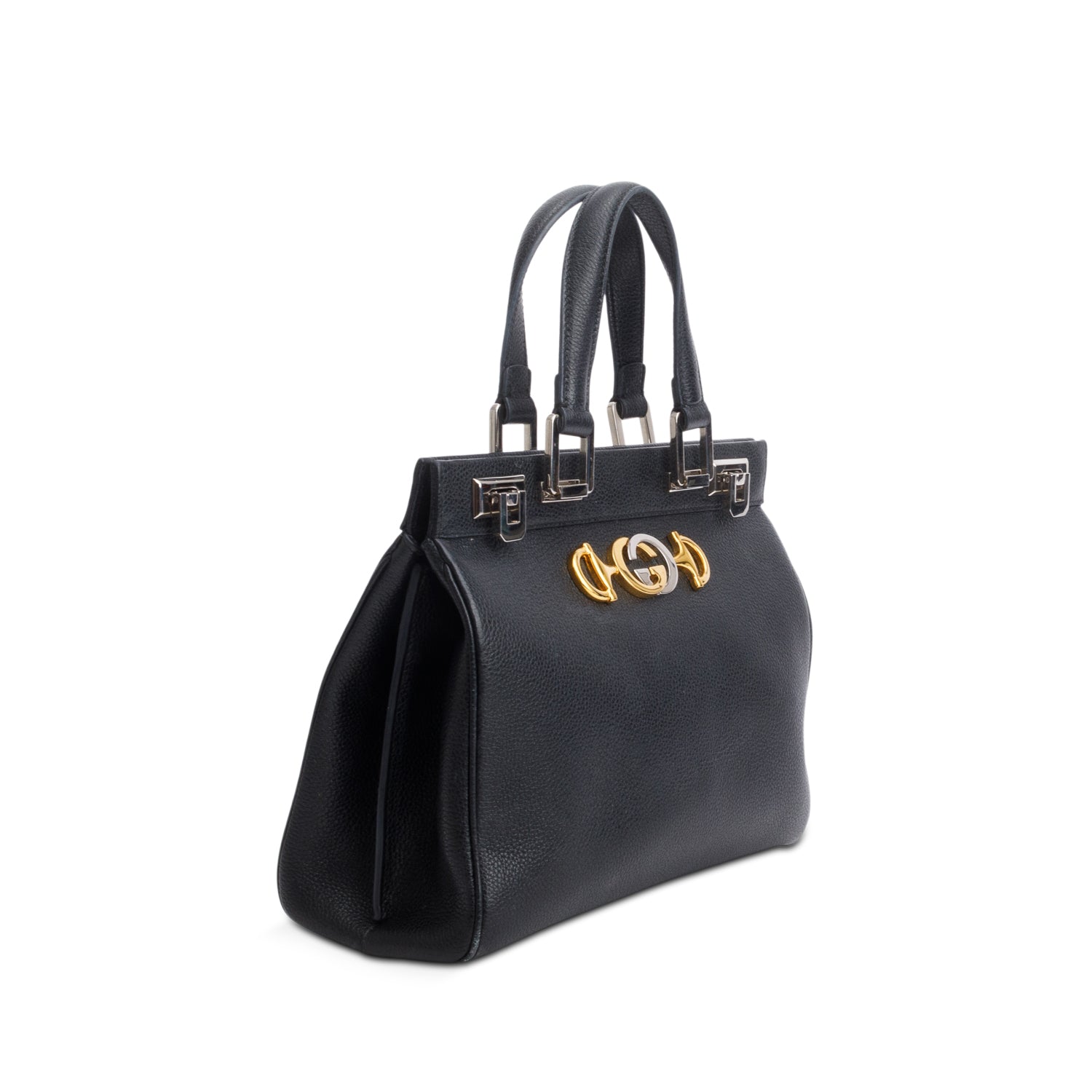 Gucci Black Grainy Calfskin Small Zumi Top Handle Bag w/ Strap