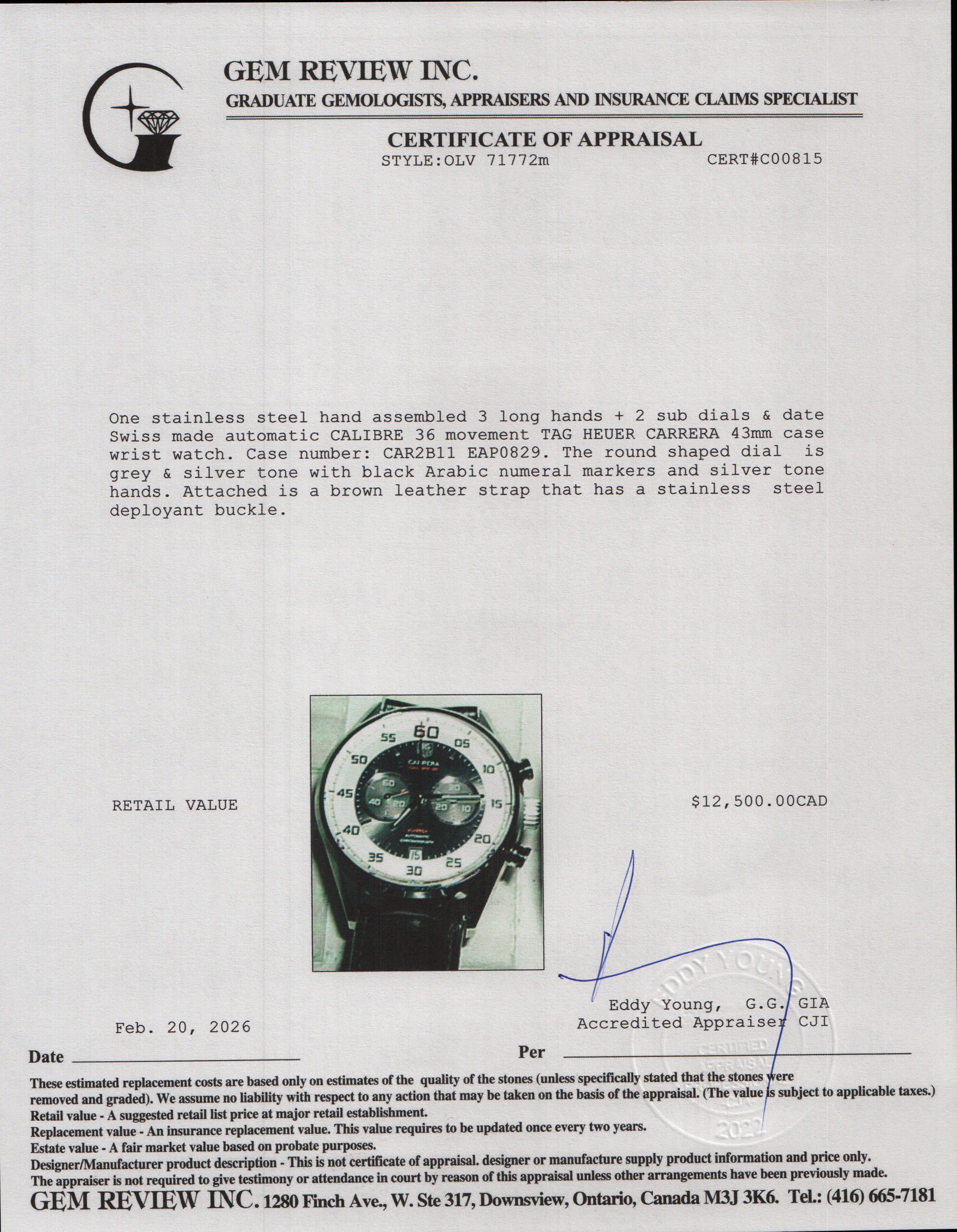 Tag Heuer Stainless Steel Carrera Calibre 36 43 MM Automatic Chronograph Watch Grey & Silver Dial CAR2B11 w/ Box & Papers