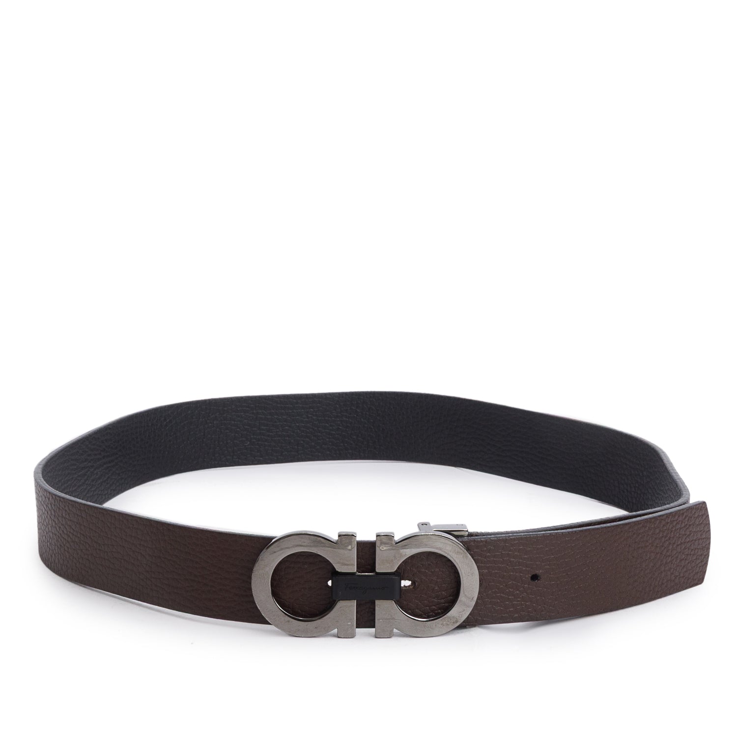 Ferragamo Black/Brown Grained Calfskin Reversible Gancini Belt