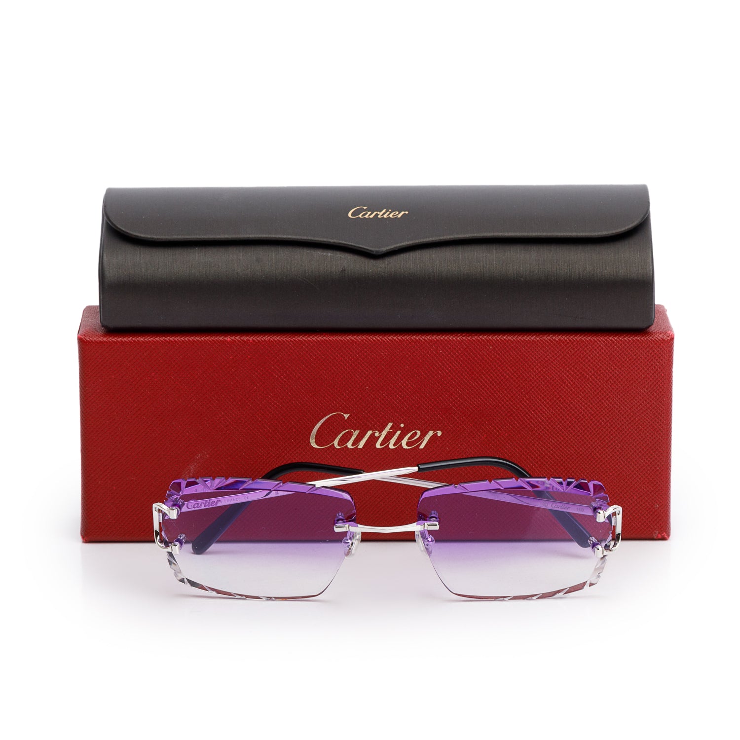 Cartier CT000920 Purple Rimless Diamond Cut Sunglasses w/ Box & Case