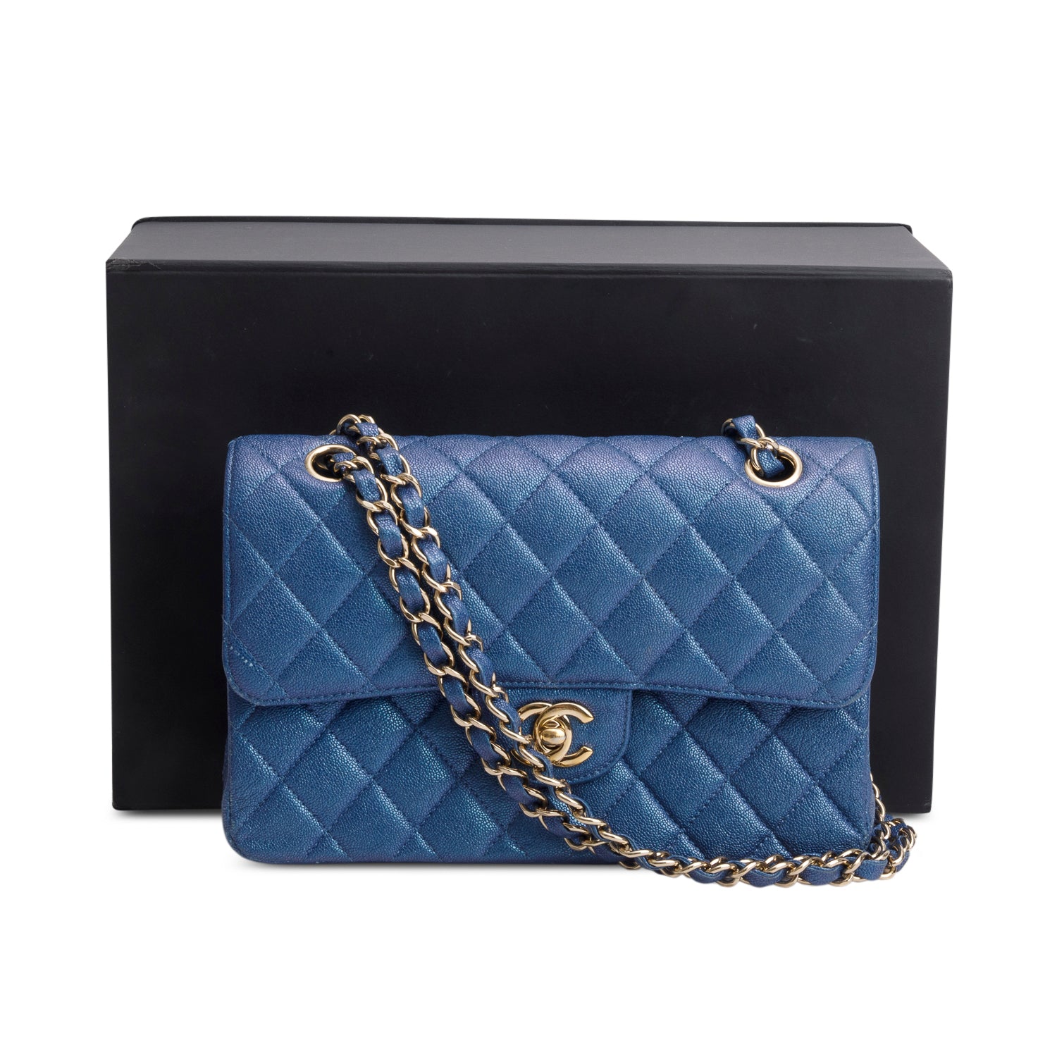 Chanel Iridescent Blue Caviar Quilted Small Double Flap w/ Box