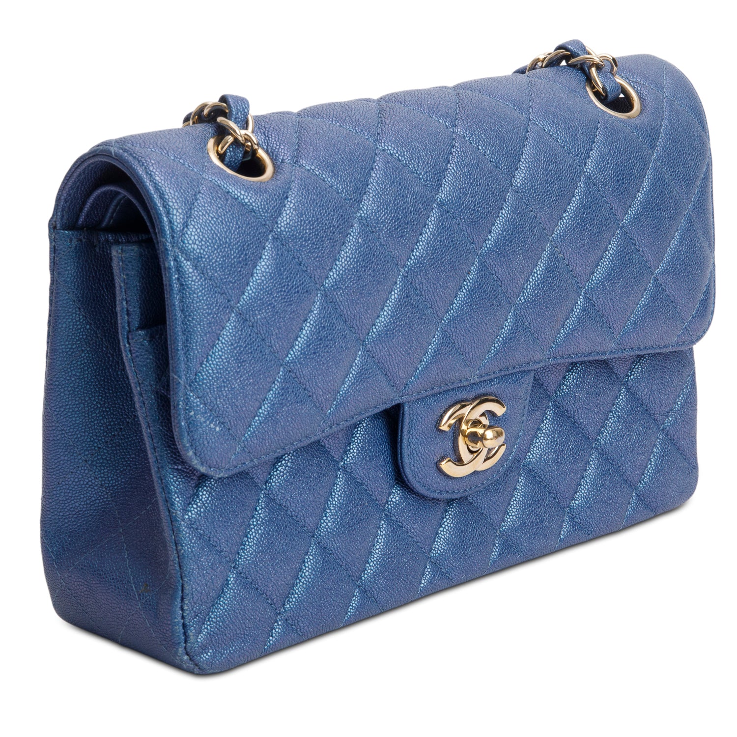 Chanel Iridescent Blue Caviar Quilted Small Double Flap w/ Box