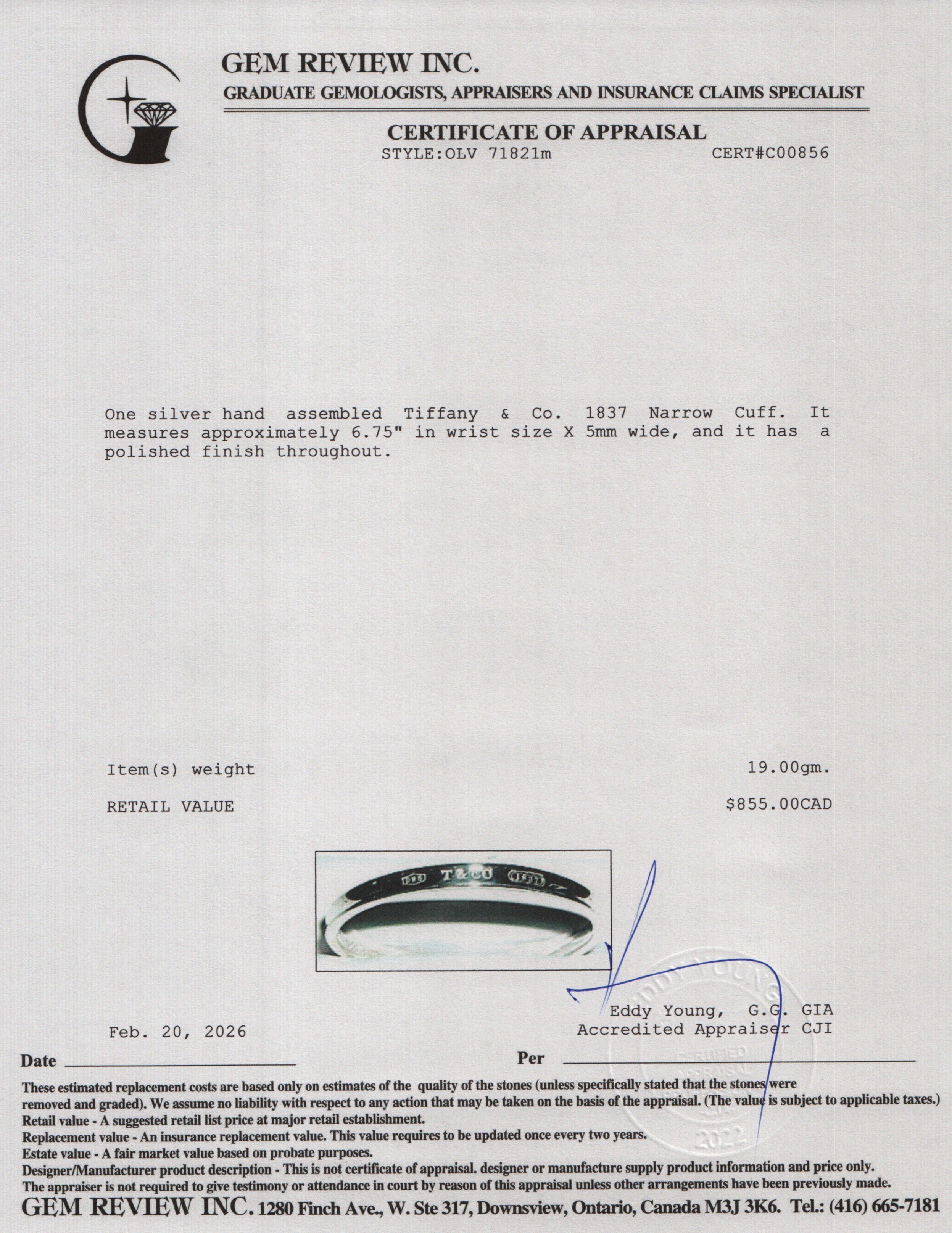 Tiffany & Co. Sterling Silver 1837 Narrow 5 MM Cuff