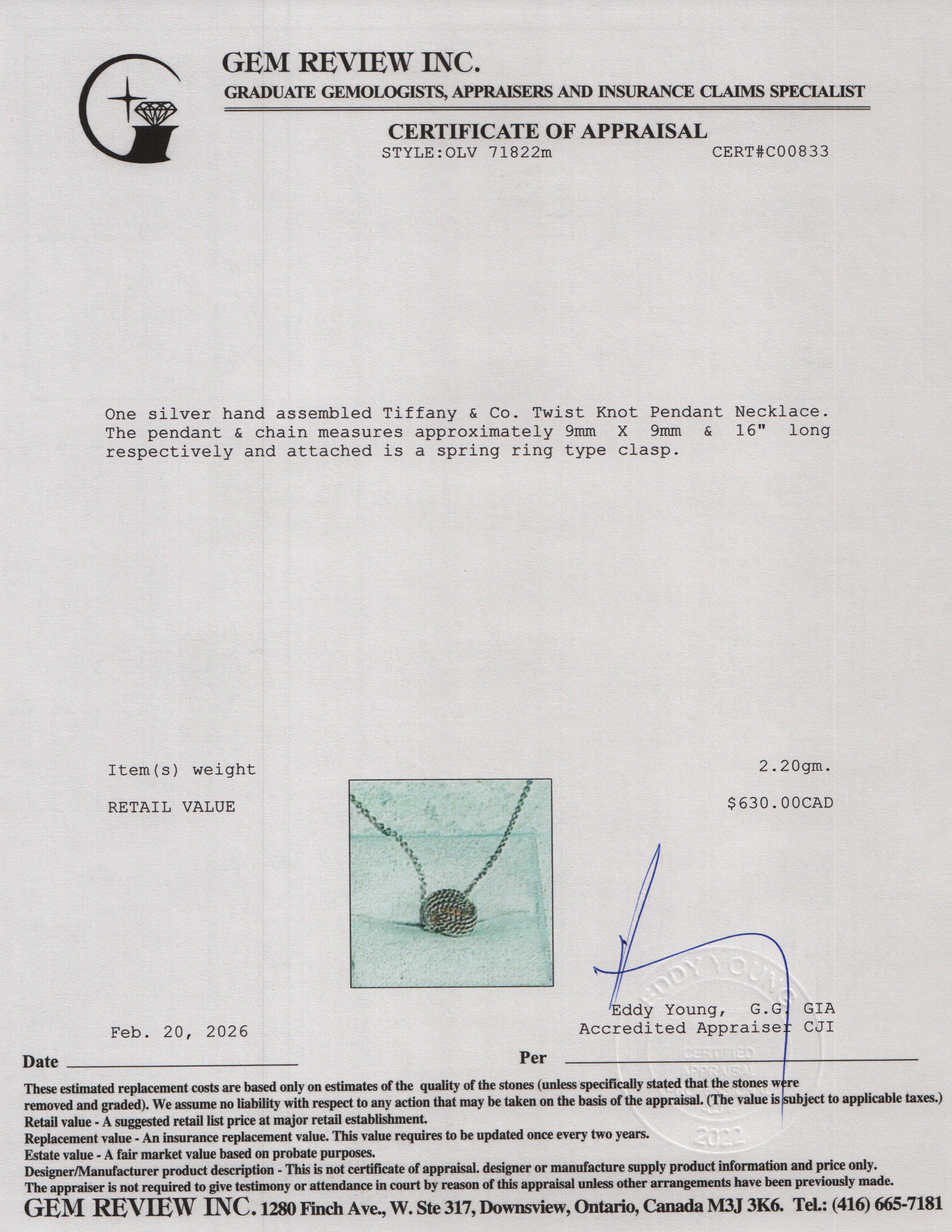 Tiffany & Co. Sterling Silver Twist Knot Pendant Necklace