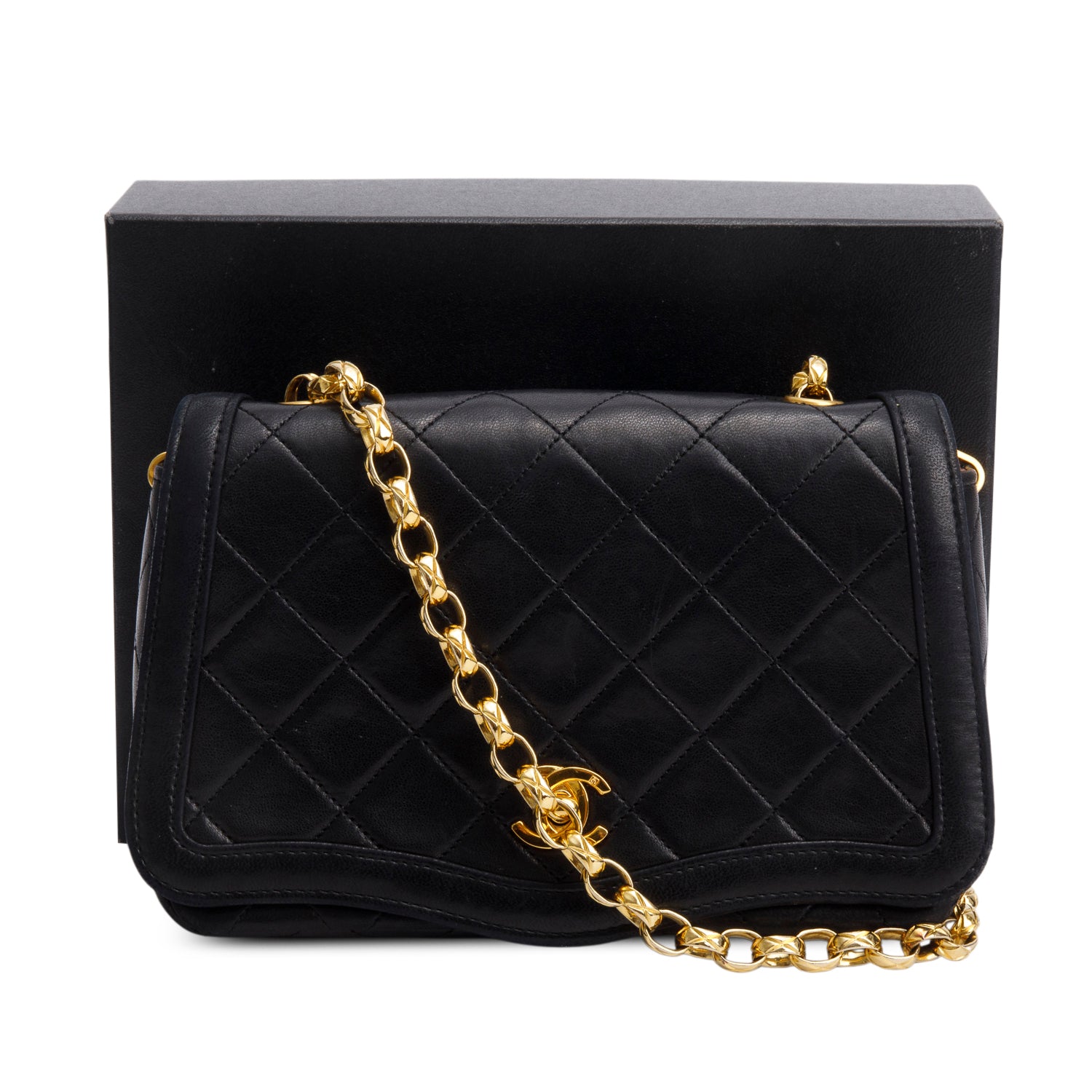 Chanel Vintage Black Lambskin Quilted Diana Flap w/ Box, Pouch & Authenticity Card