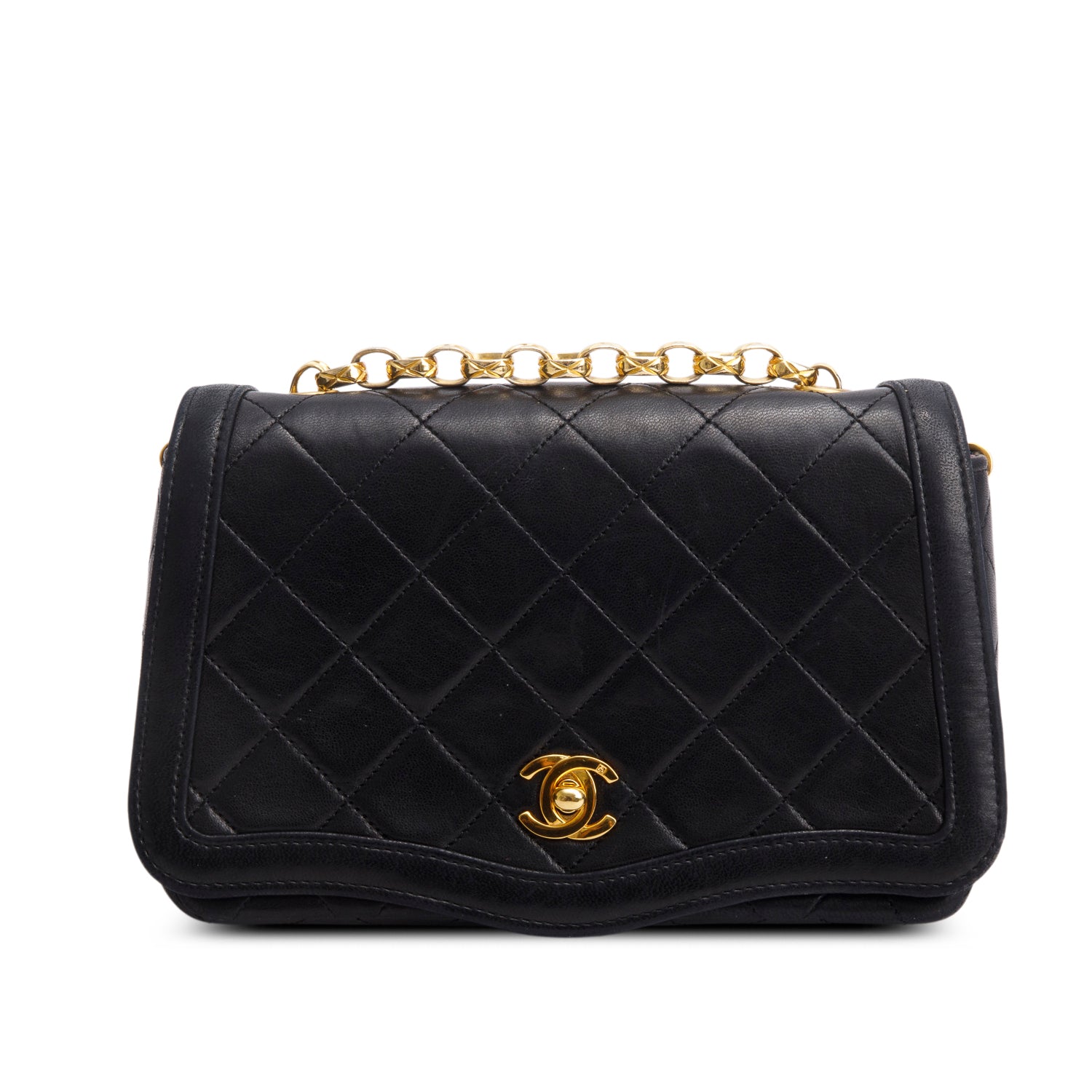 Chanel Vintage Black Lambskin Quilted Diana Flap w/ Box, Pouch & Authenticity Card