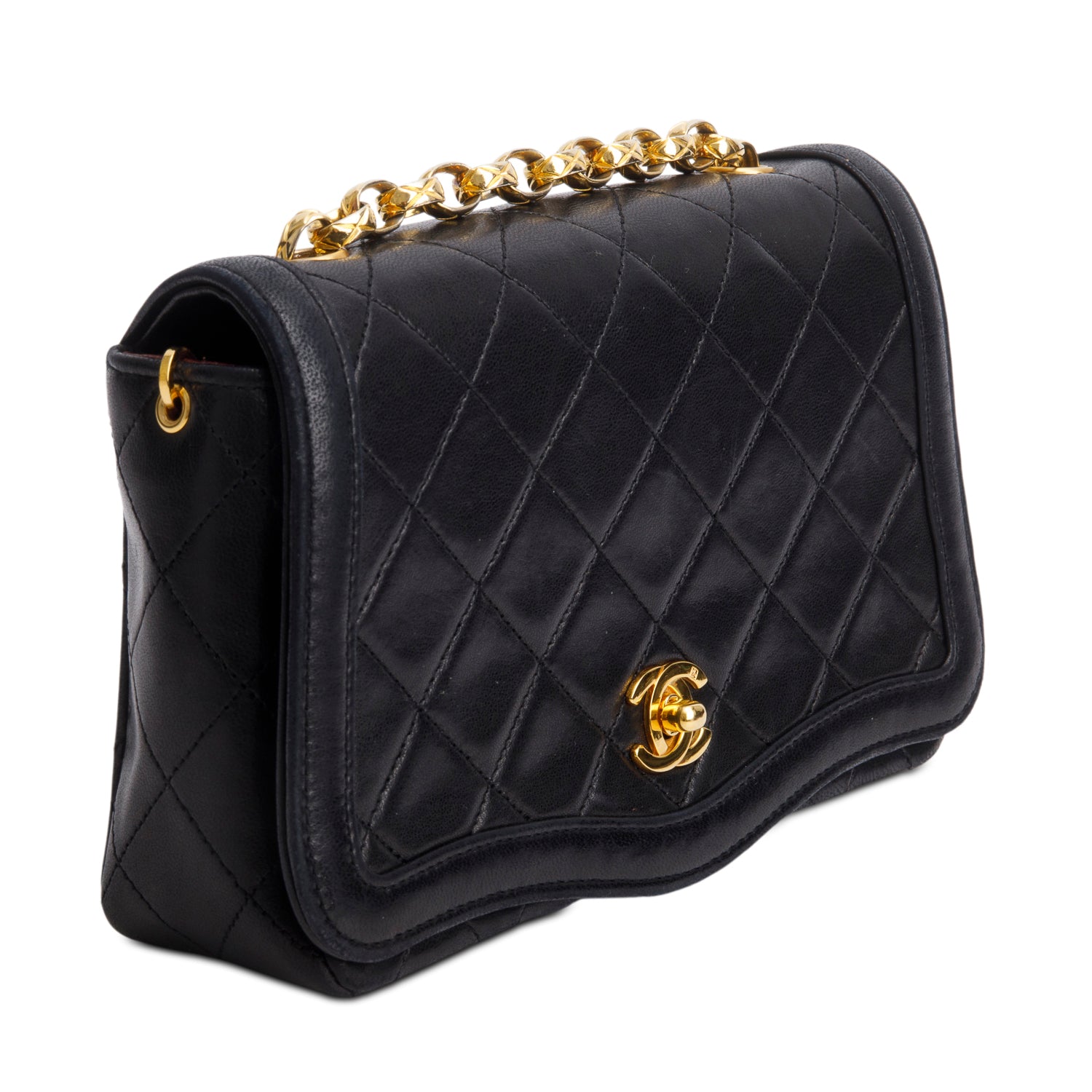 Chanel Vintage Black Lambskin Quilted Diana Flap w/ Box, Pouch & Authenticity Card
