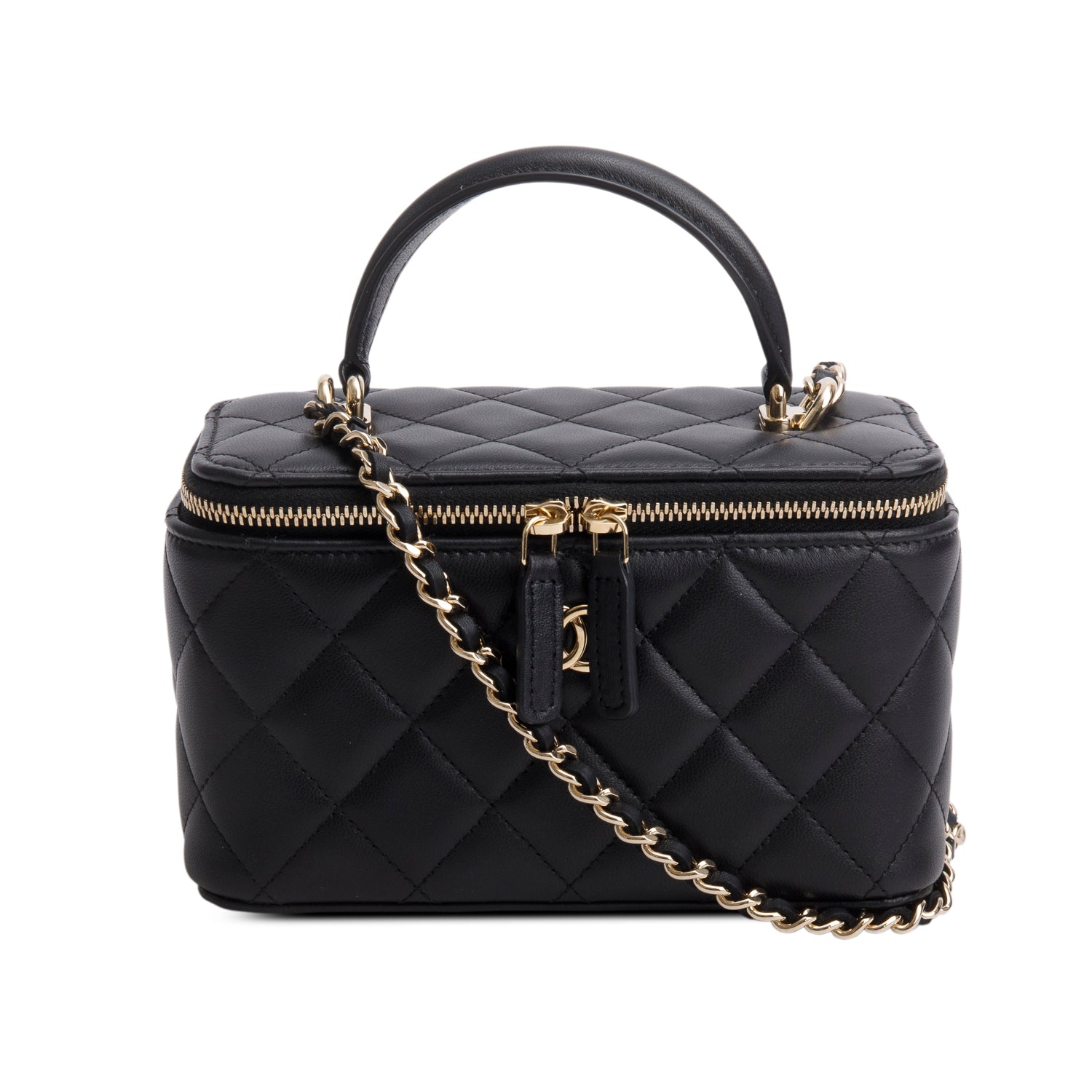 Chanel Black Lambskin Quilted Small Top Handle Vanity Case w/ Box