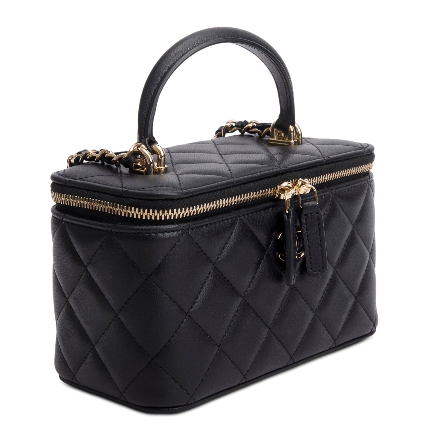 Chanel Black Lambskin Quilted Small Top Handle Vanity Case w/ Box