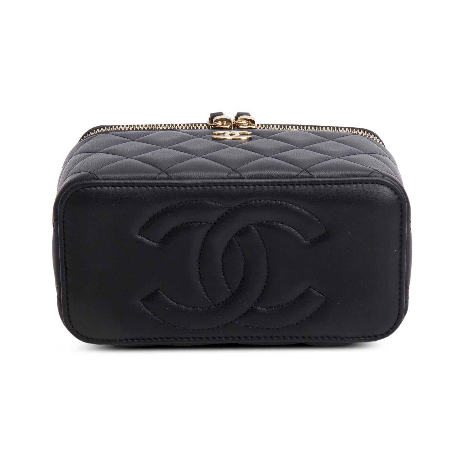 Chanel Black Lambskin Quilted Small Top Handle Vanity Case w/ Box