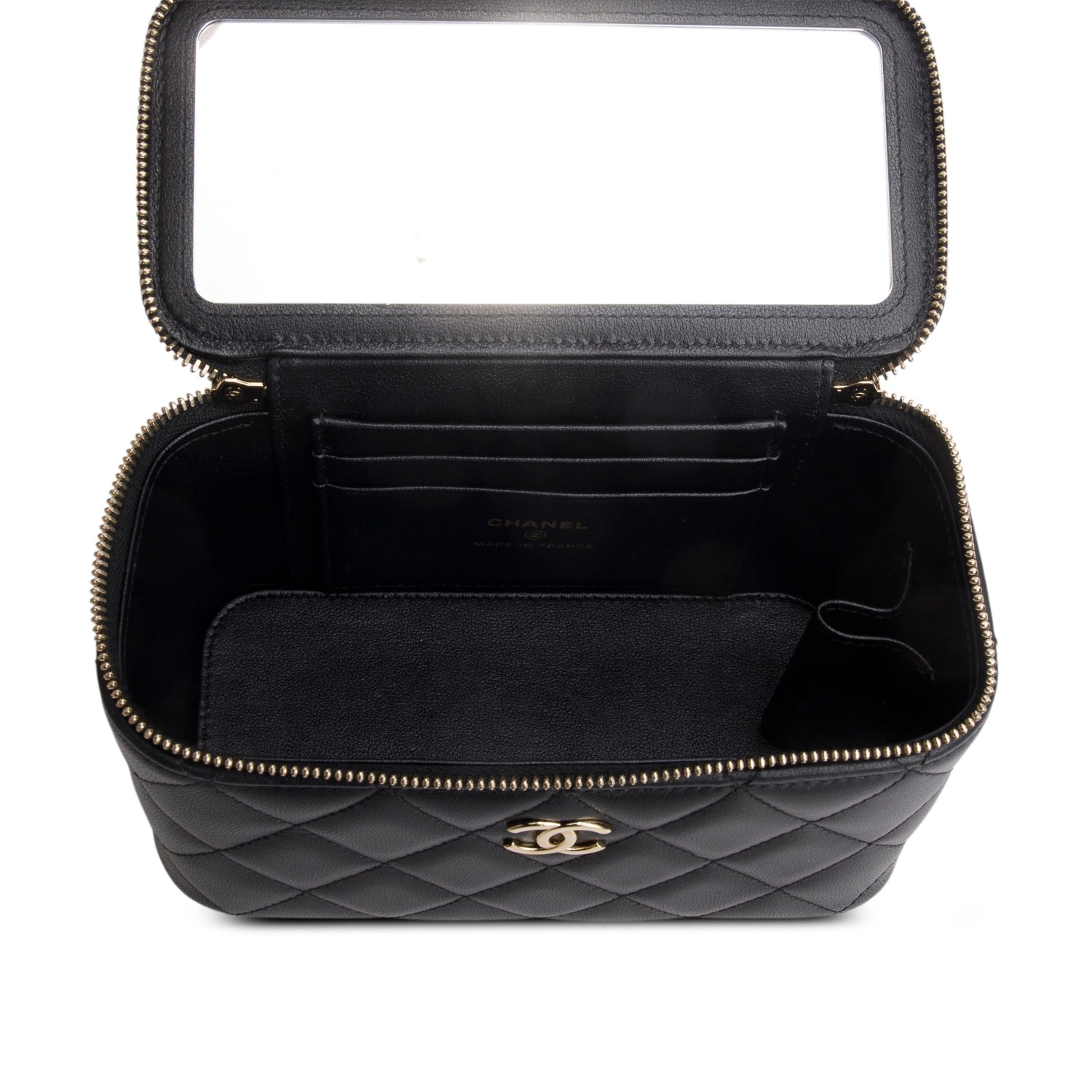 Chanel Black Lambskin Quilted Small Top Handle Vanity Case w/ Box