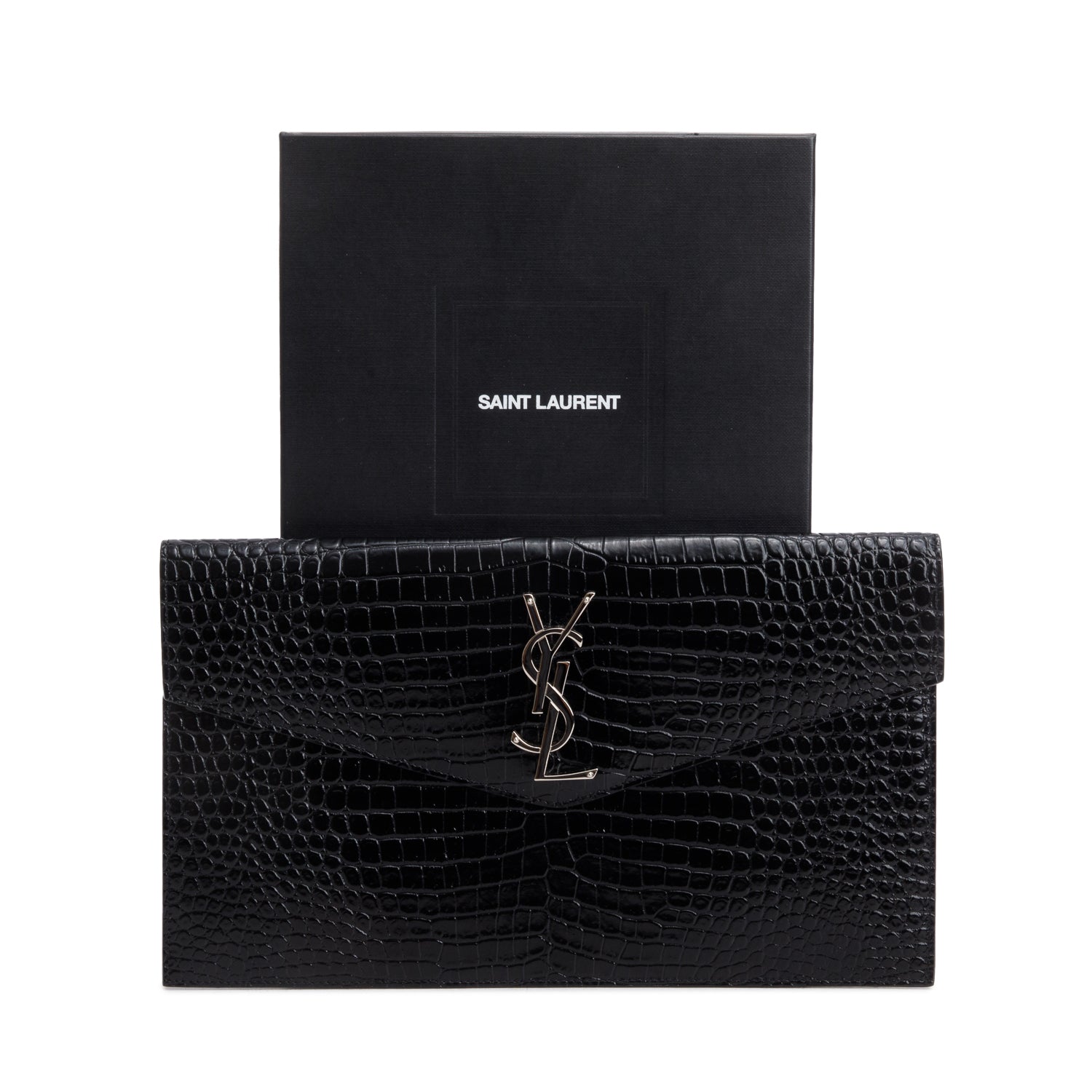 Saint Laurent Black Calfskin Croc Embossed Uptown Monogram Pouch w/ Box