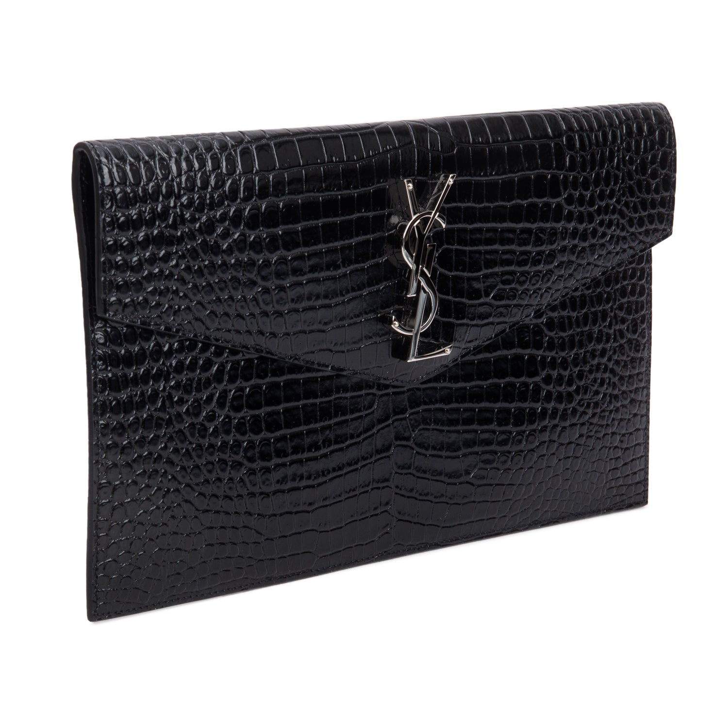 Saint Laurent Black Calfskin Croc Embossed Uptown Monogram Pouch w/ Box