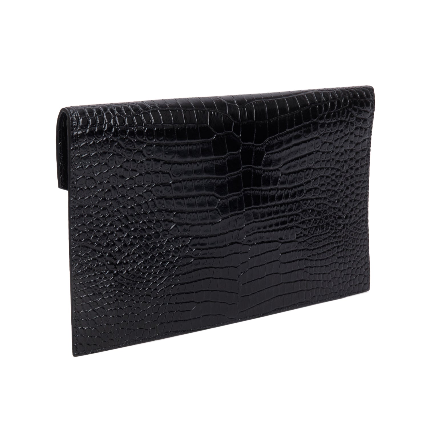 Saint Laurent Black Calfskin Croc Embossed Uptown Monogram Pouch w/ Box
