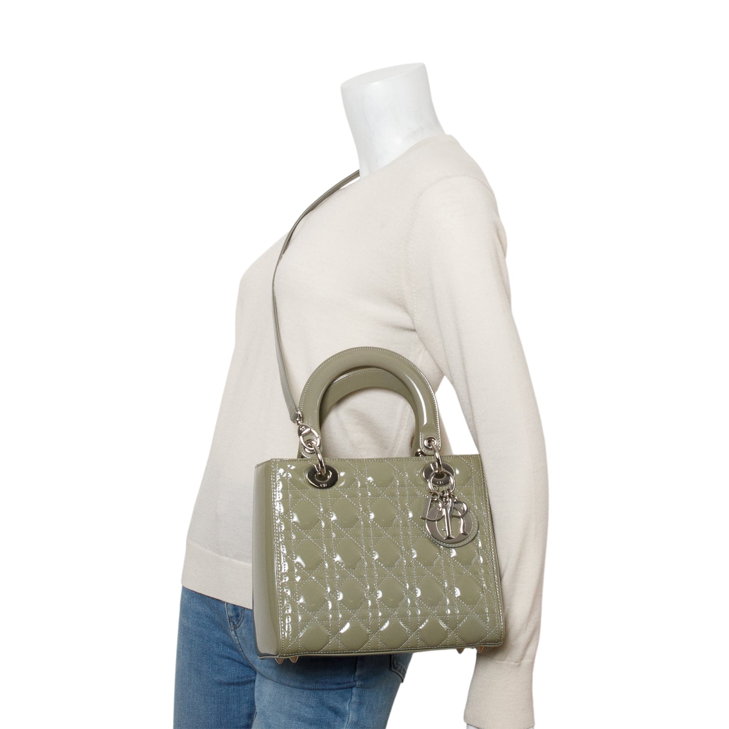 Christian Dior Green Cannage Patent Leather Medium Lady Dior Bag w/ Strap