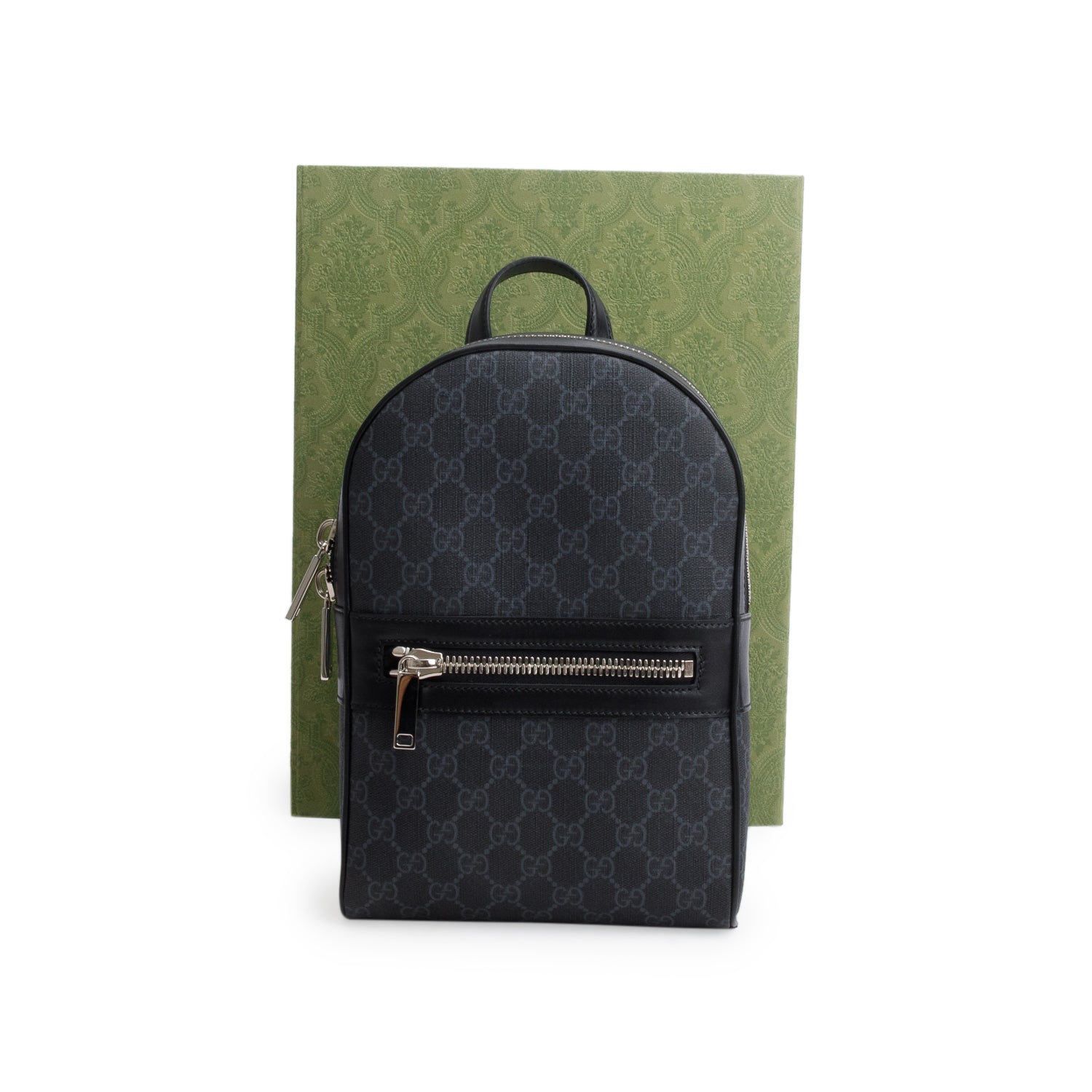 Gucci Black GG Supreme Monogram Calfskin Web Sling Backpack w/ Box
