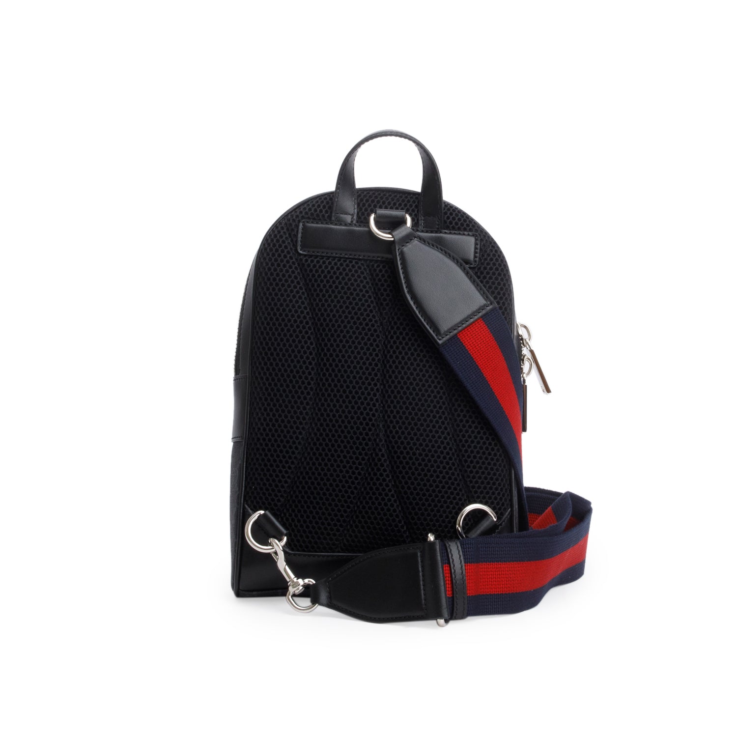 Gucci Black GG Supreme Monogram Calfskin Web Sling Backpack w/ Box