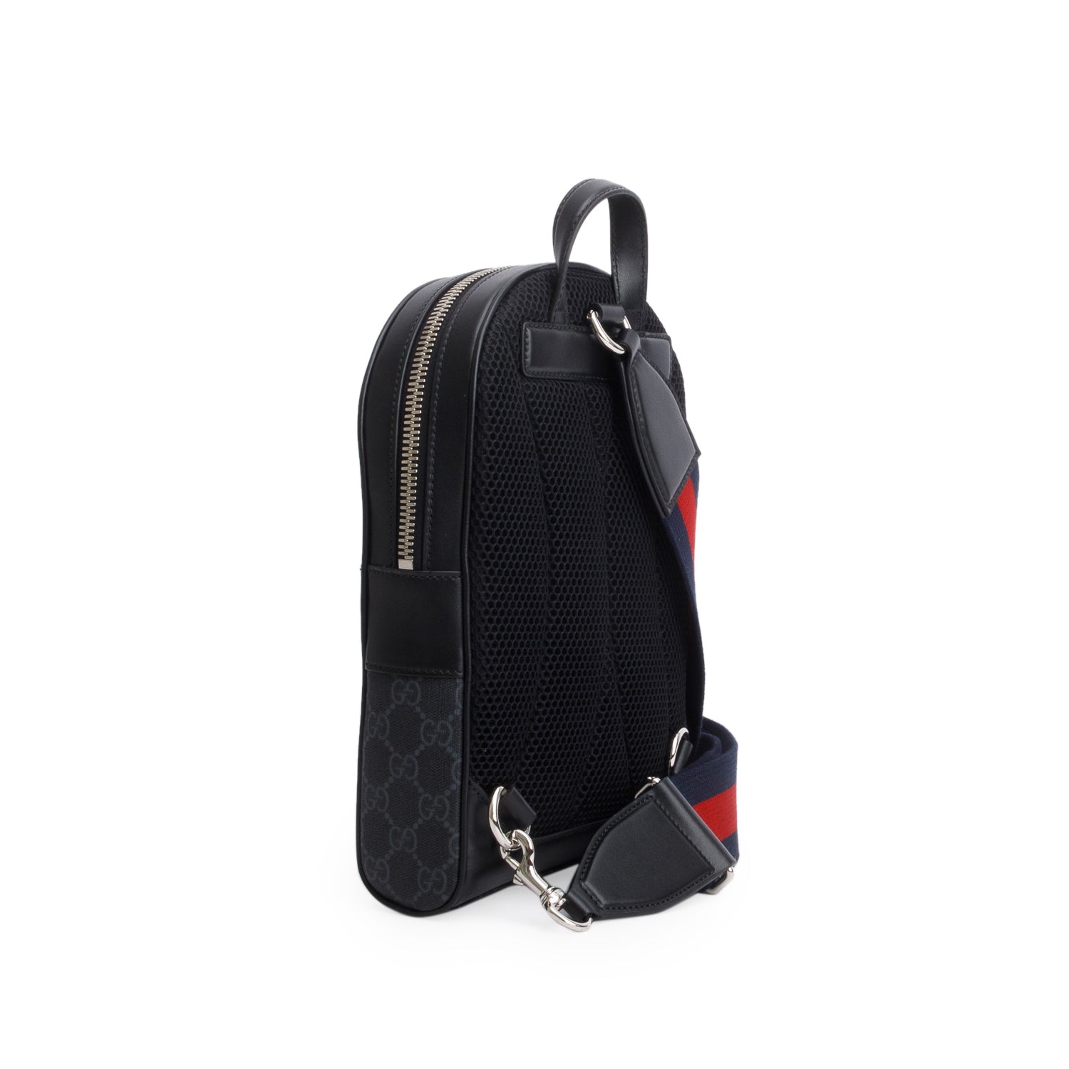 Gucci Black GG Supreme Monogram Calfskin Web Sling Backpack w/ Box