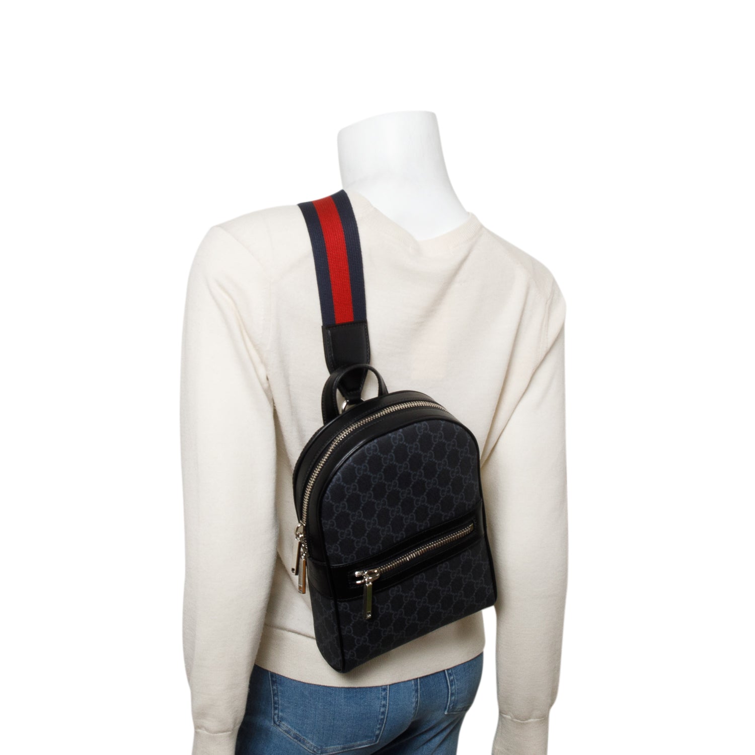 Gucci Black GG Supreme Monogram Calfskin Web Sling Backpack w/ Box