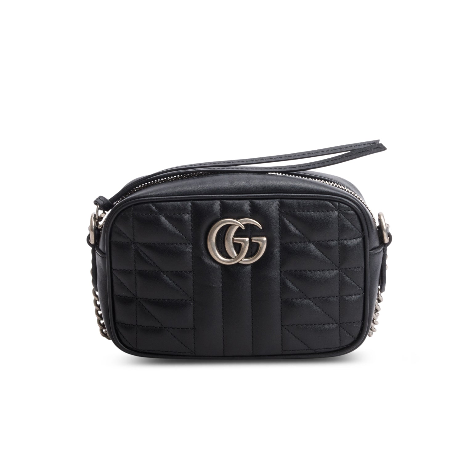 Gucci Black Calfskin Matelasse Aria Mini GG Marmont Chain Shoulder Bag