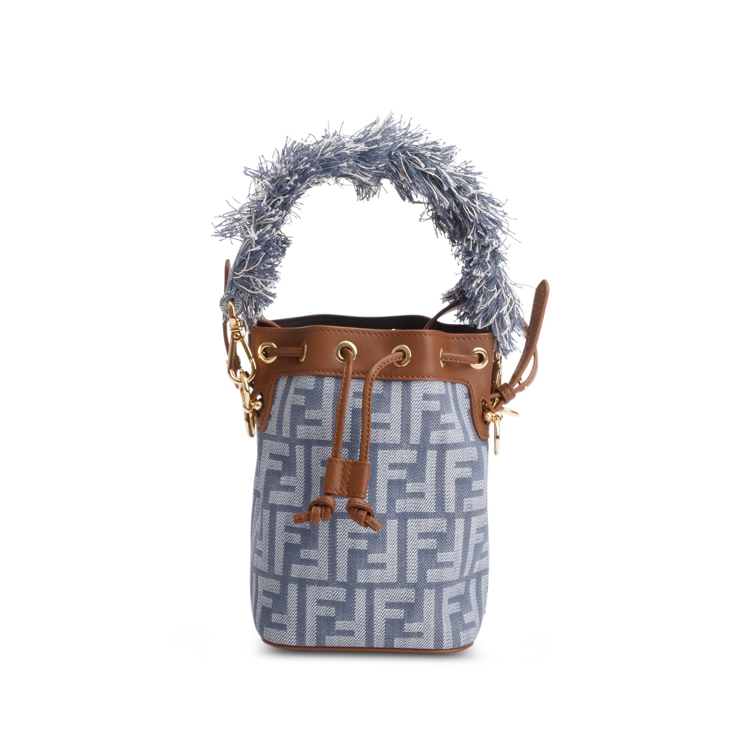 Fendi Blue Denim Effect Fabric FF Jacquard Vitello Mini Mon Tresor Bucket Bag w/ Straps