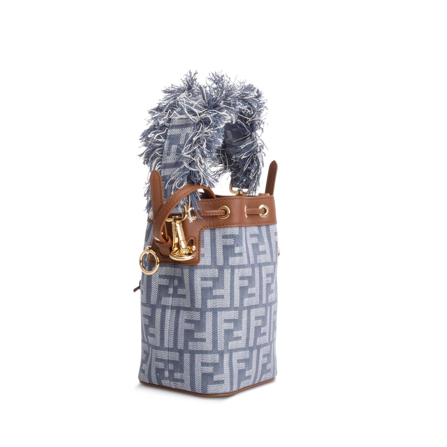 Fendi Blue Denim Effect Fabric FF Jacquard Vitello Mini Mon Tresor Bucket Bag w/ Straps