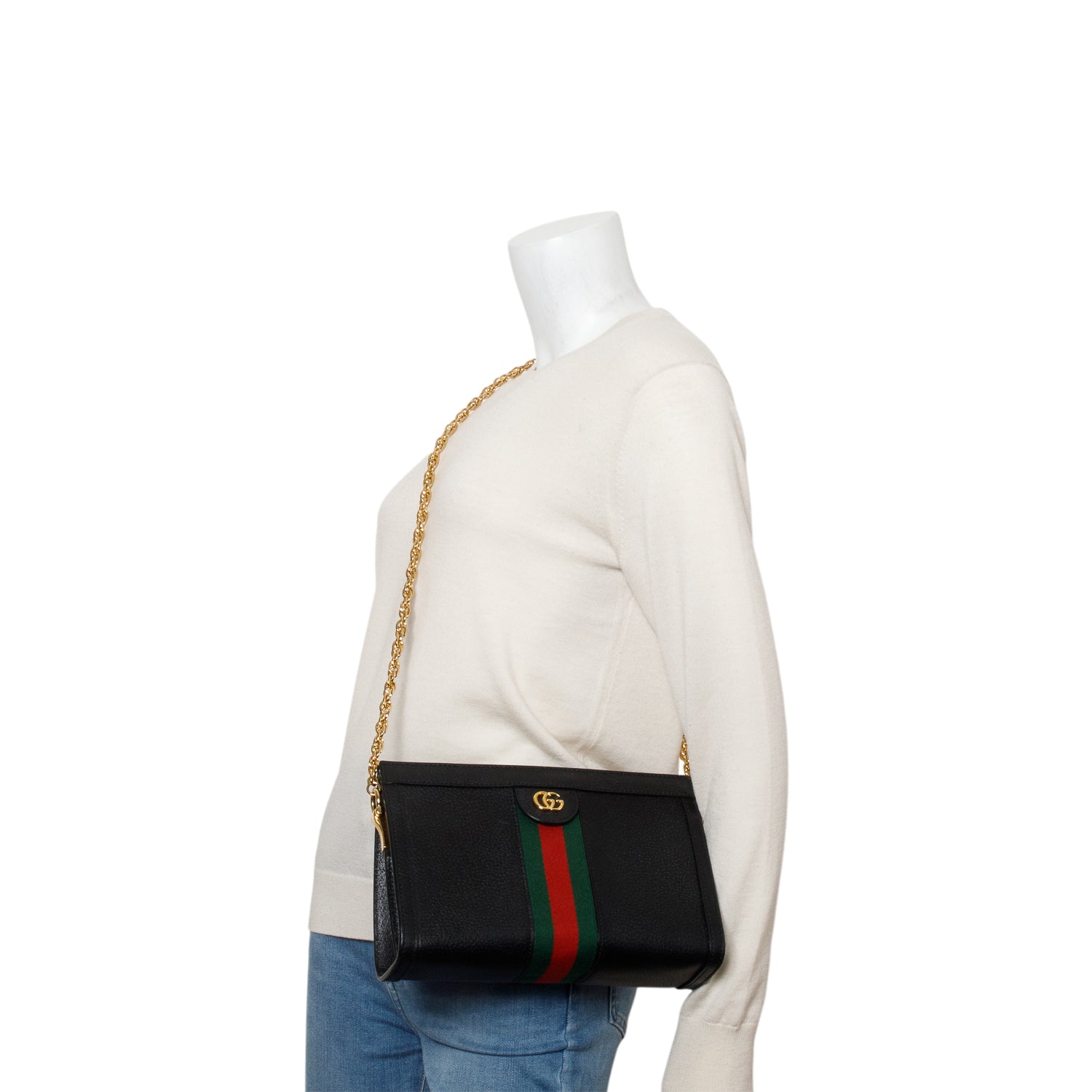 Gucci Black Textured Calfskin Web Small Ophidia Chain Shoulder Bag