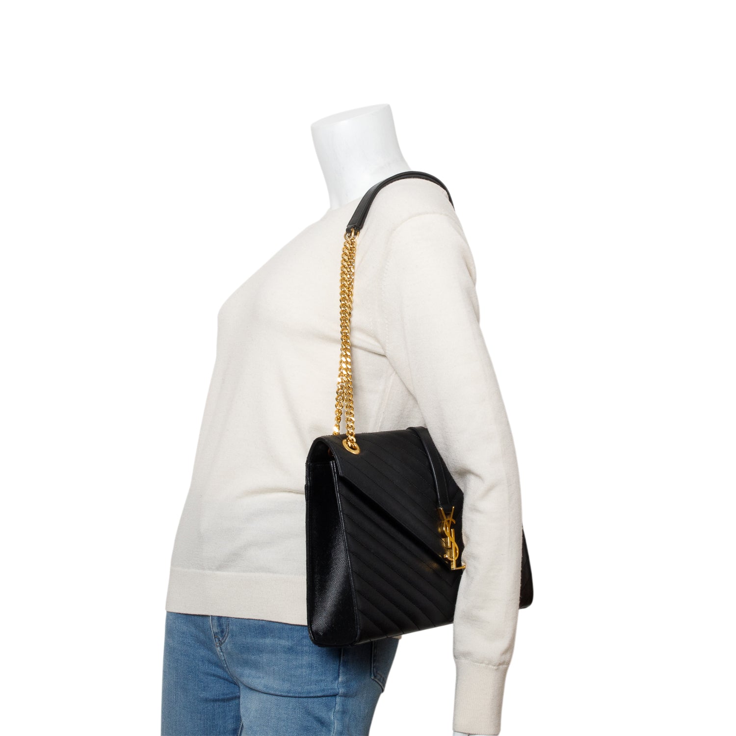 Saint Lauren Black Grain de Poudre Matelasse Large Monogram Envelope Bag