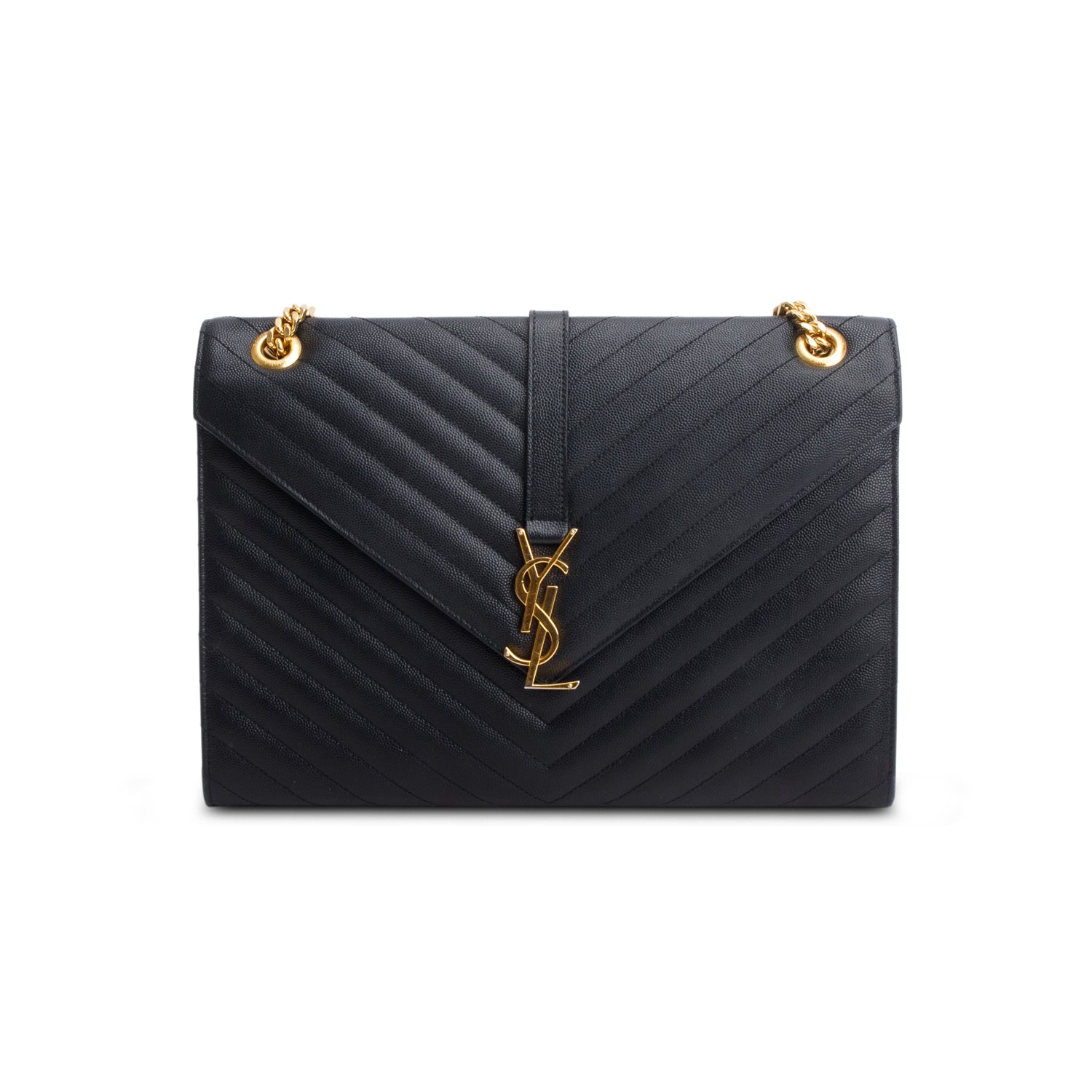 Saint Lauren Black Grain de Poudre Matelasse Large Monogram Envelope Bag