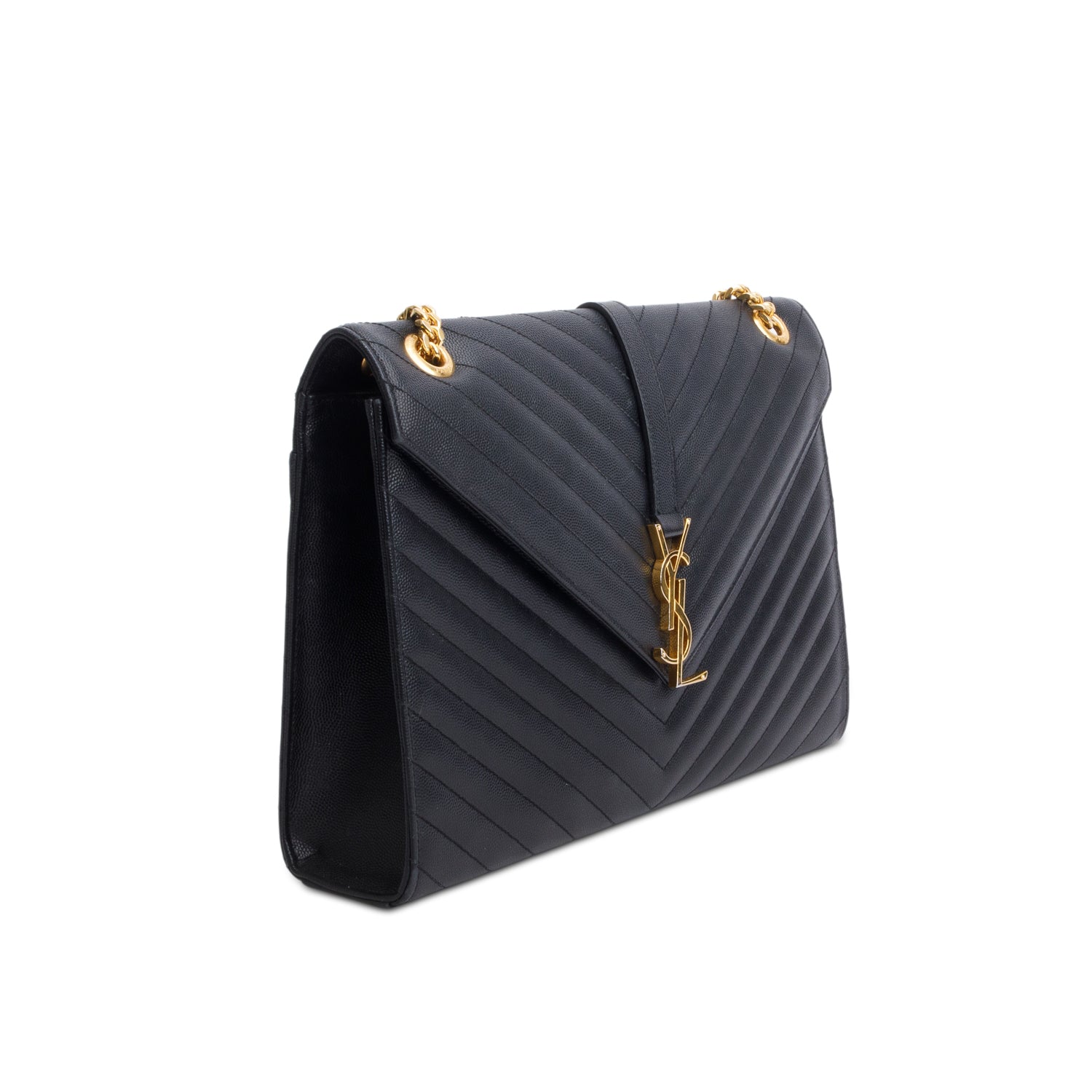 Saint Lauren Black Grain de Poudre Matelasse Large Monogram Envelope Bag