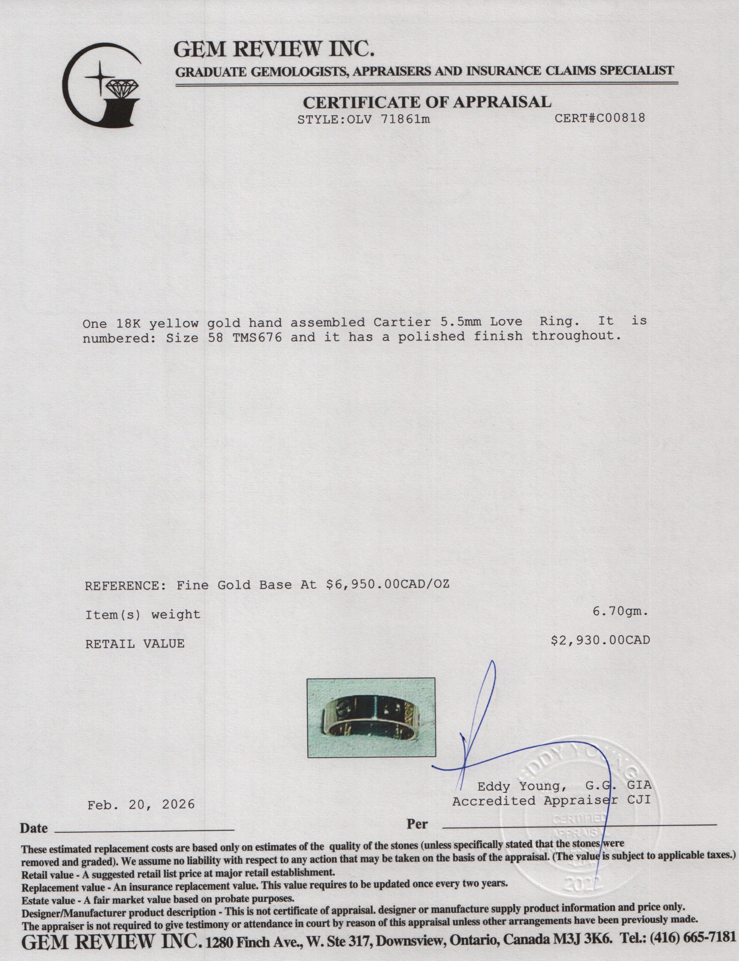 Cartier 2024 18k Yellow Gold 5.5 MM Love Ring, Classic Model, Size 58 8.25