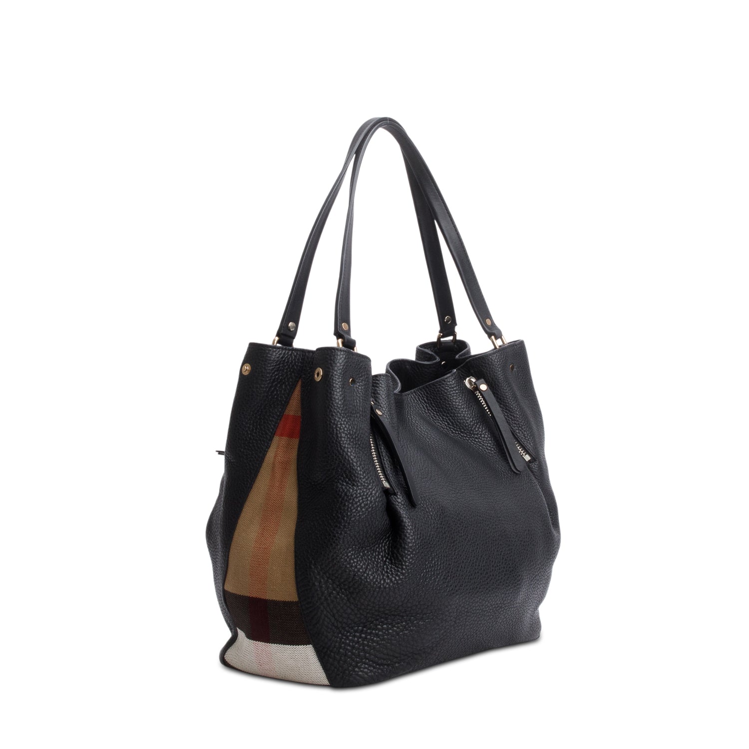 Burberry Black Grainy Calfskin House Check Medium Maidstone w/ Receipt