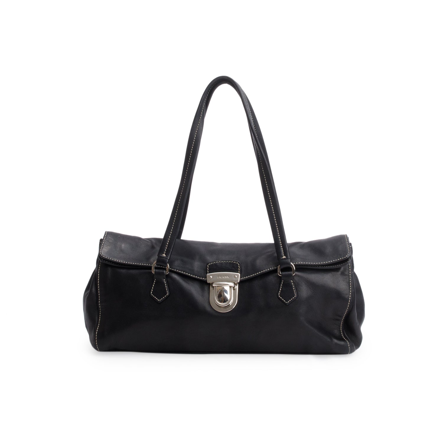 Prada Black Vitello Leather Easy A Foldover Pushlock Satchel