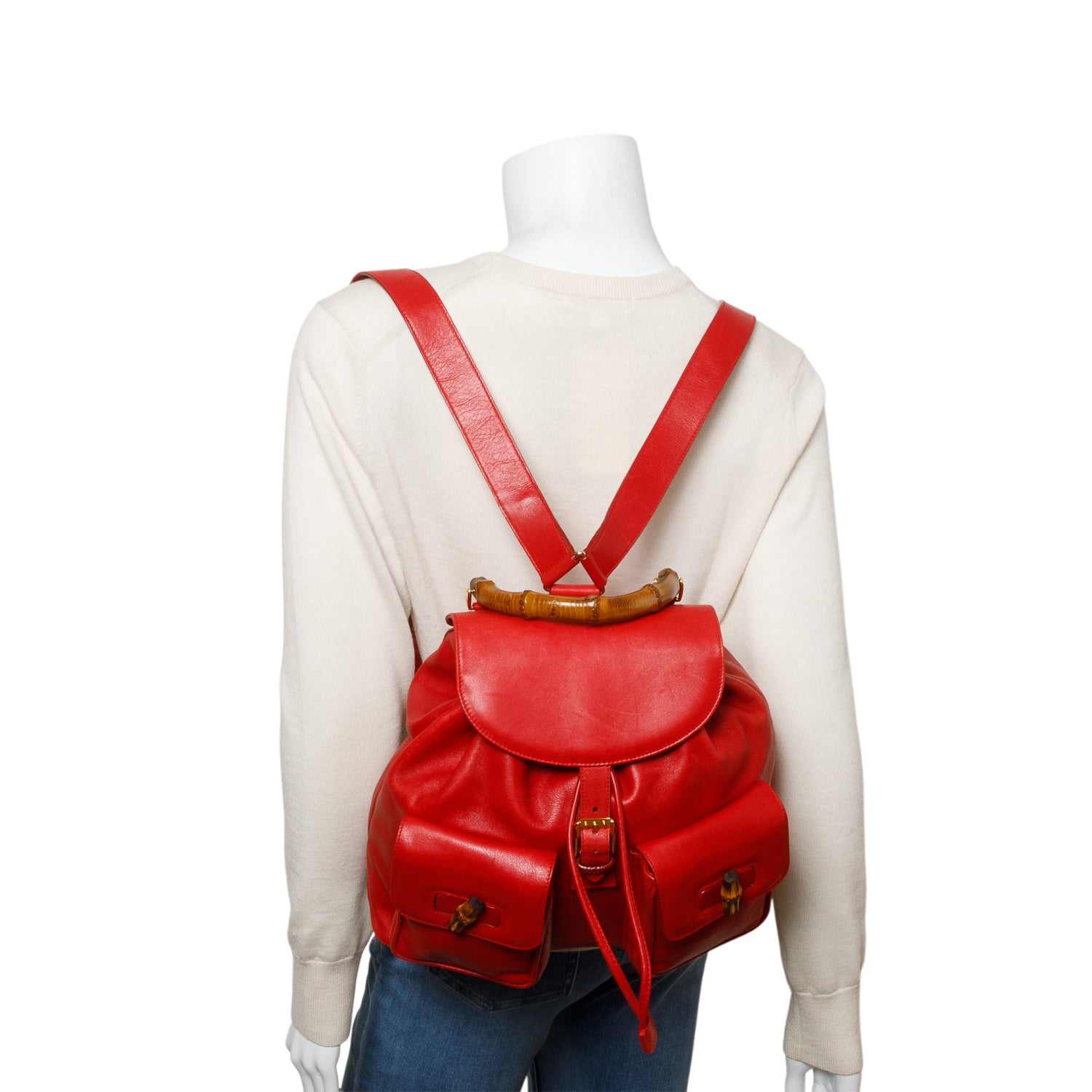 Gucci Red Glossy Calfskin Bamboo Backpack