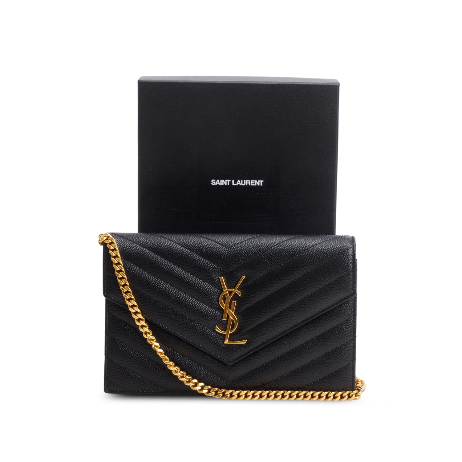 Saint Laurent 2023 Black Grain de Poudre Matelasse Chevron Monogram Chain Wallet w/ Box