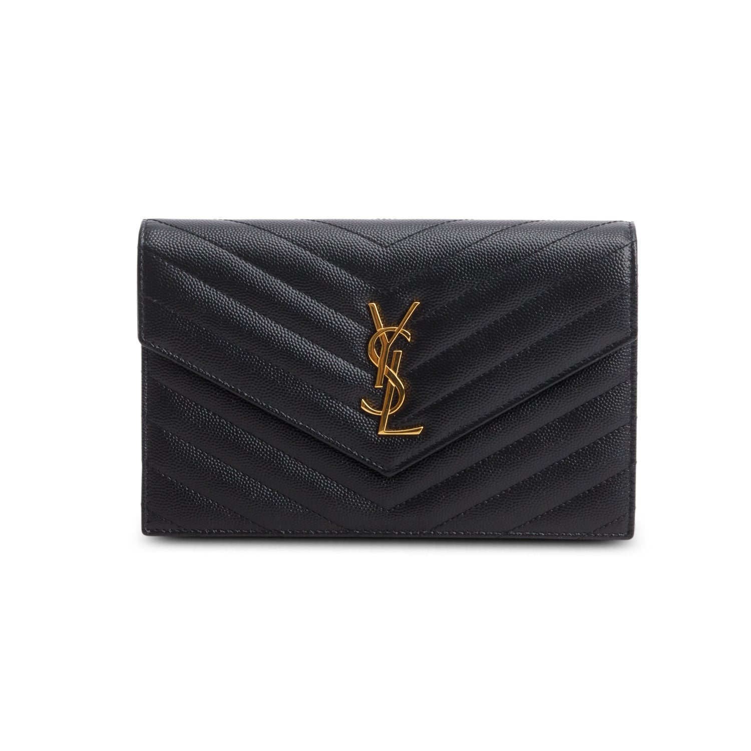 Saint Laurent 2023 Black Grain de Poudre Matelasse Chevron Monogram Chain Wallet w/ Box