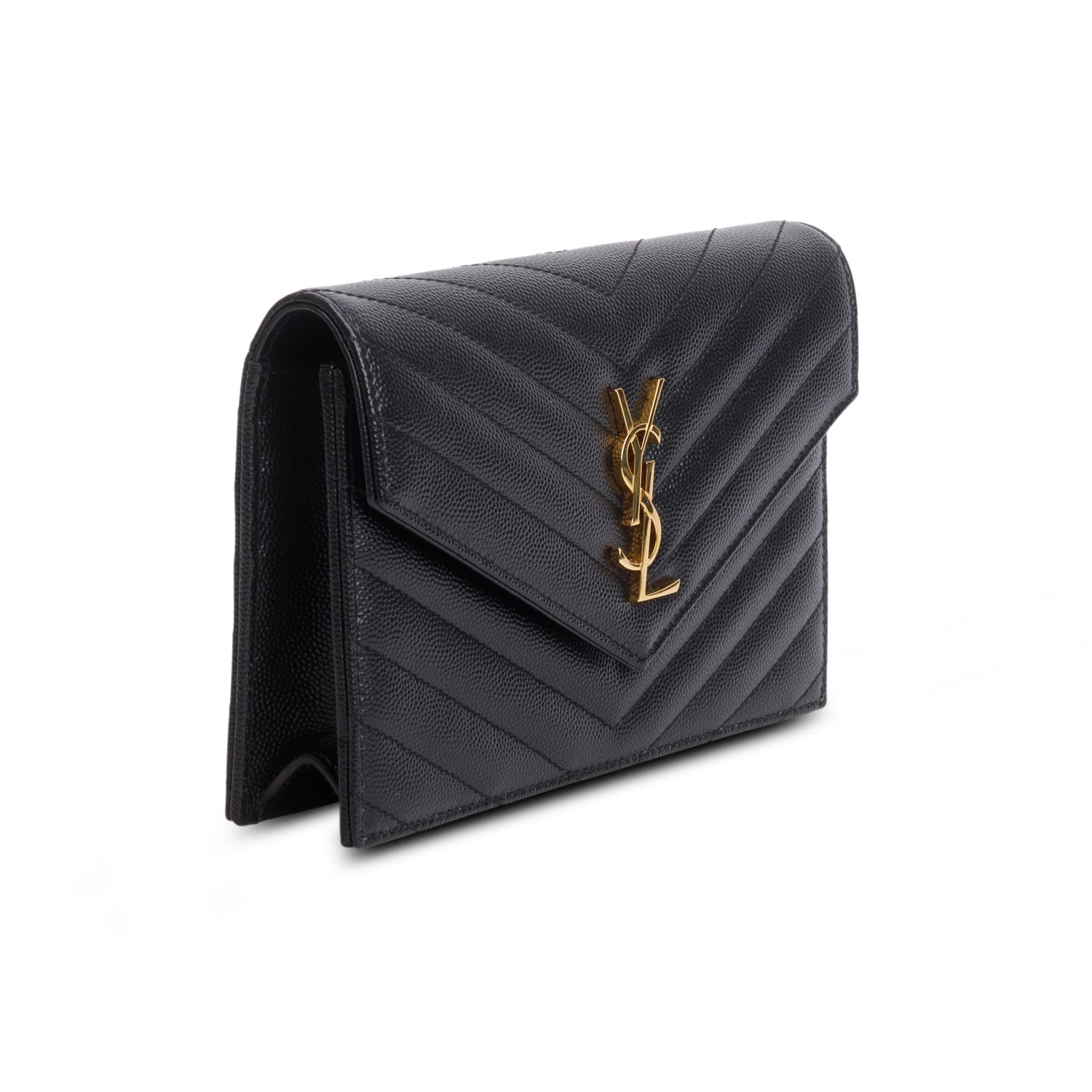 Saint Laurent 2023 Black Grain de Poudre Matelasse Chevron Monogram Chain Wallet w/ Box